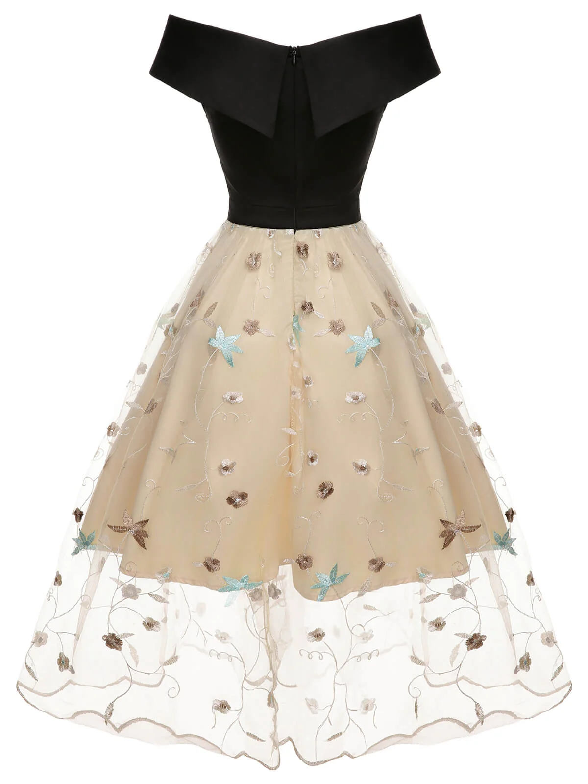 Schwarz & Beige 1950er Blumen Netz Schulterfrei Kleid - Image 4