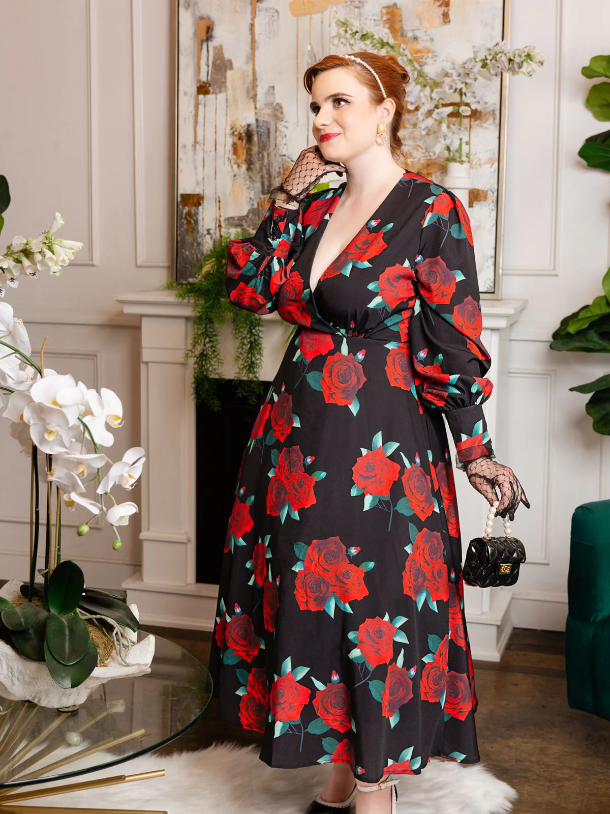 SCHWARZES ROSEN LATERNEN ÄRMEL SCHNÜRKLEID - Image 3