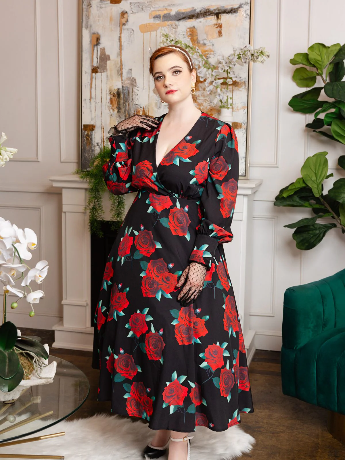 SCHWARZES ROSEN LATERNEN ÄRMEL SCHNÜRKLEID - Image 4