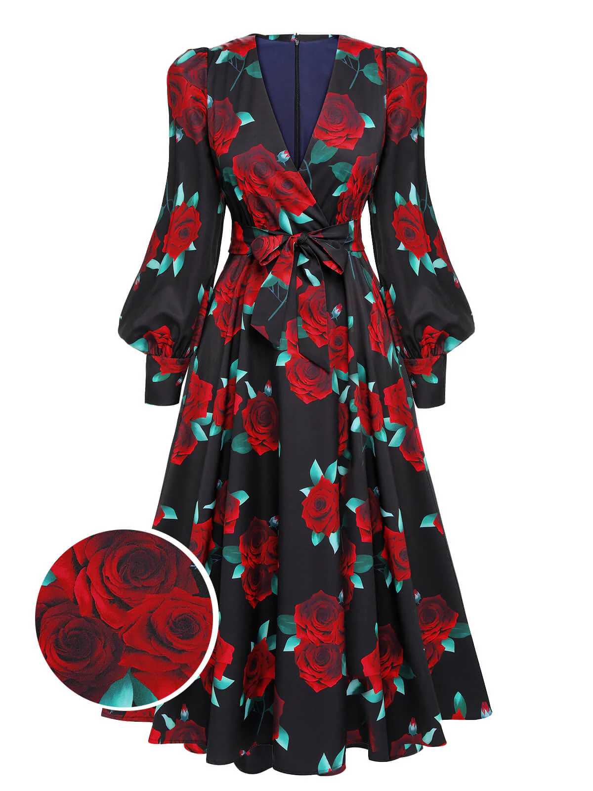 SCHWARZES ROSEN LATERNEN ÄRMEL SCHNÜRKLEID - Image 6