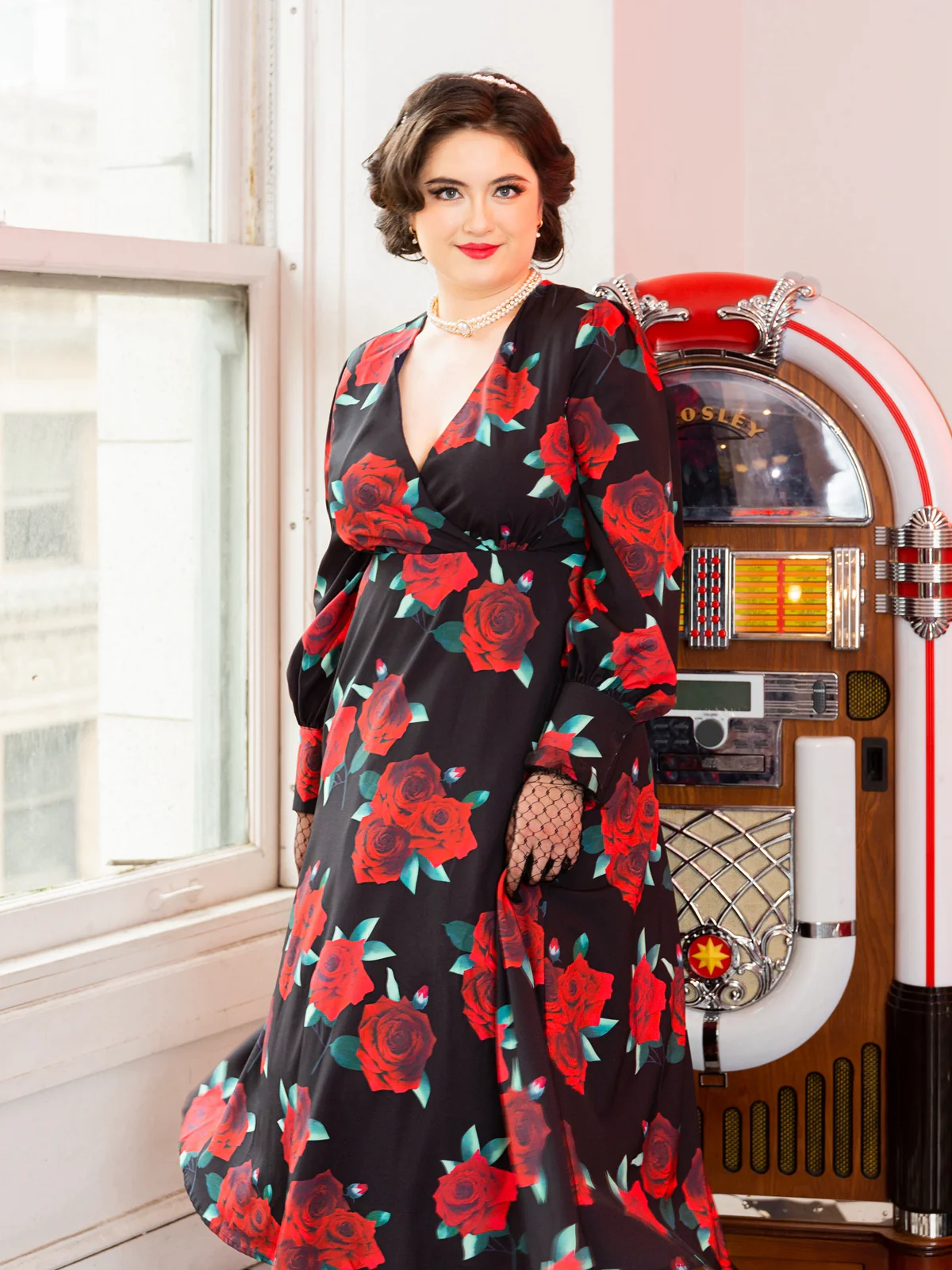 SCHWARZES ROSEN LATERNEN ÄRMEL SCHNÜRKLEID - Image 12