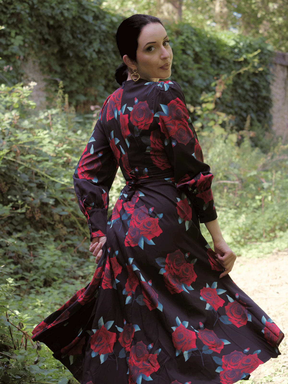 SCHWARZES ROSEN LATERNEN ÄRMEL SCHNÜRKLEID - Image 2