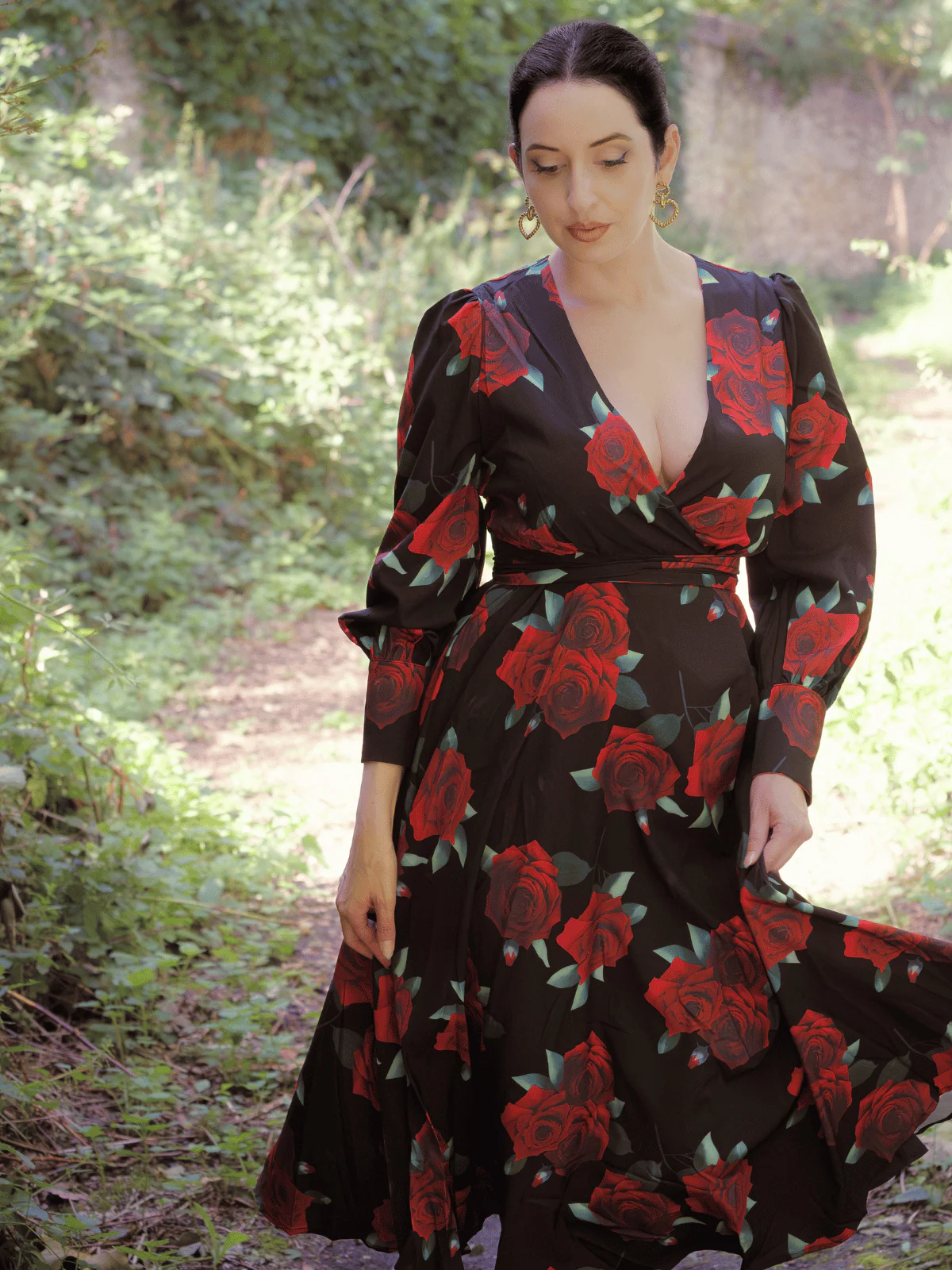 SCHWARZES ROSEN LATERNEN ÄRMEL SCHNÜRKLEID - Image 3