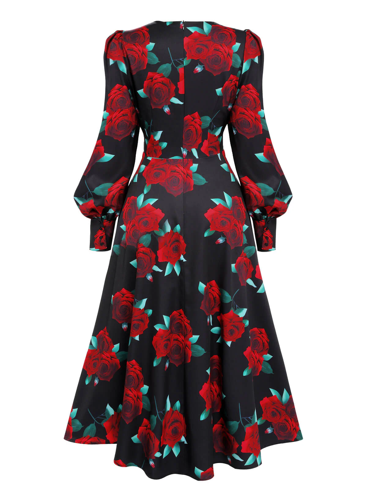 SCHWARZES ROSEN LATERNEN ÄRMEL SCHNÜRKLEID - Image 8