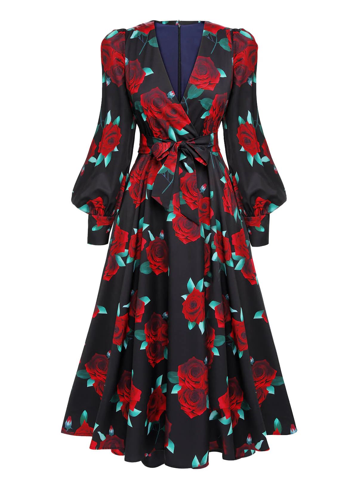 SCHWARZES ROSEN LATERNEN ÄRMEL SCHNÜRKLEID - Image 6