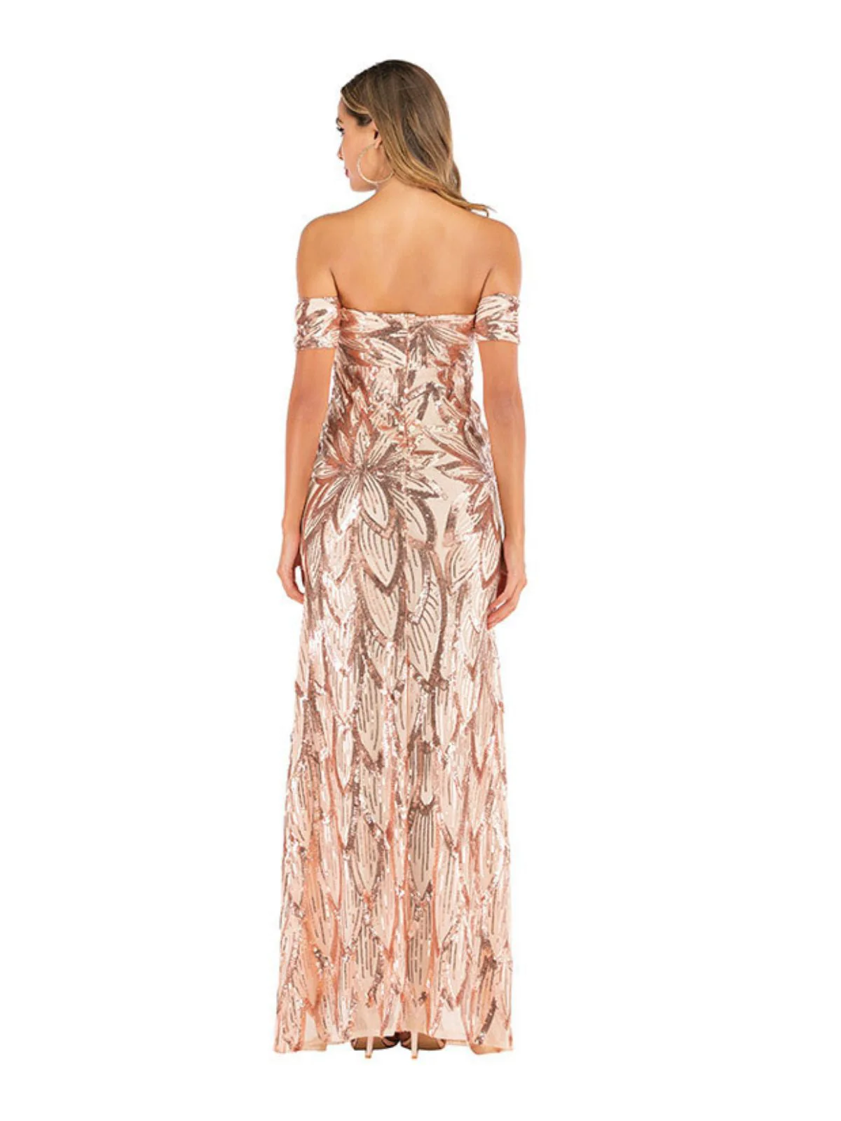 Sekt 1920er Blumen Pailletten Schulterfrei Kleid - Image 3
