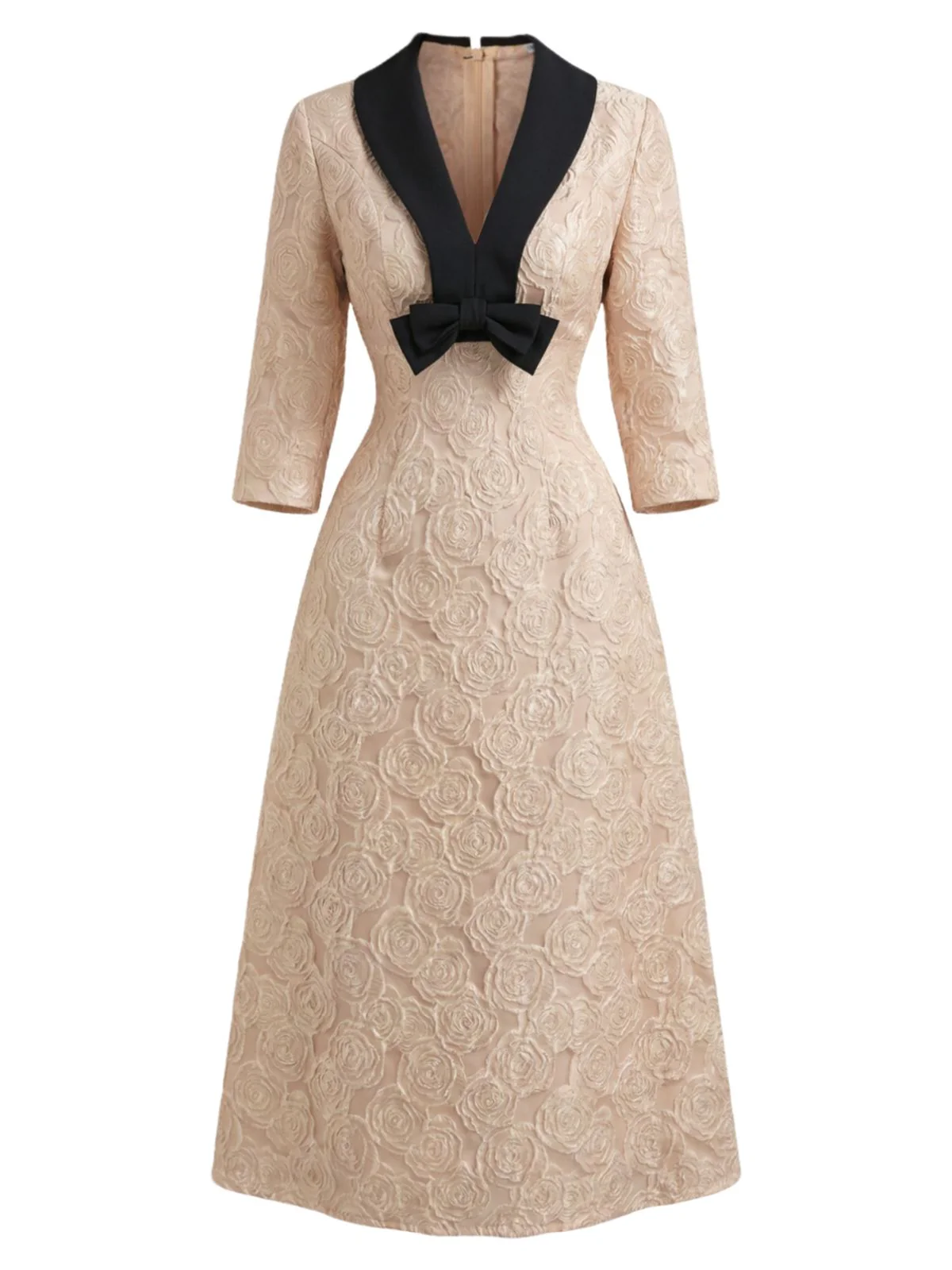 [Vorverkauf] Sekt 1930er Rose Jacquard V-Ausschnitt Bogen Kleid - Image 2