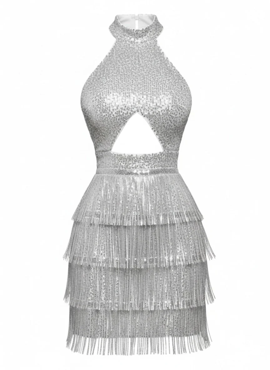 Silber 1920er Halter Pailletten Fransen Cutout Party Kleid - Image 4