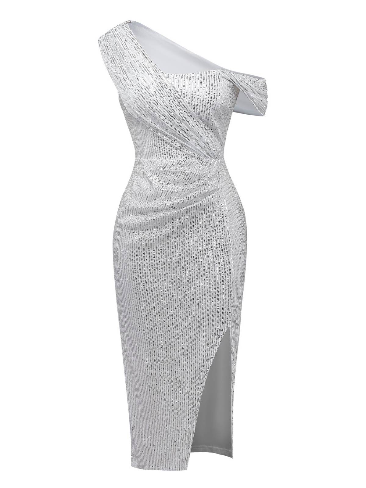 Silber 1920er Pailletten Eine Schulter Seitenschlitz Kleid - Image 2
