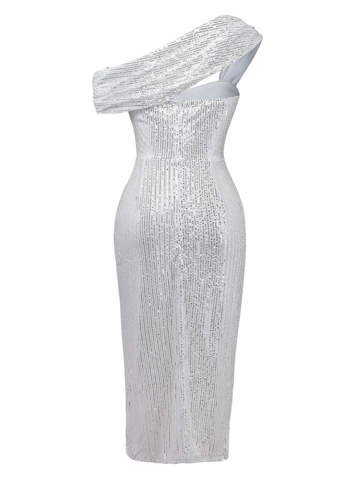 Silber 1920er Pailletten Eine Schulter Seitenschlitz Kleid - Image 3