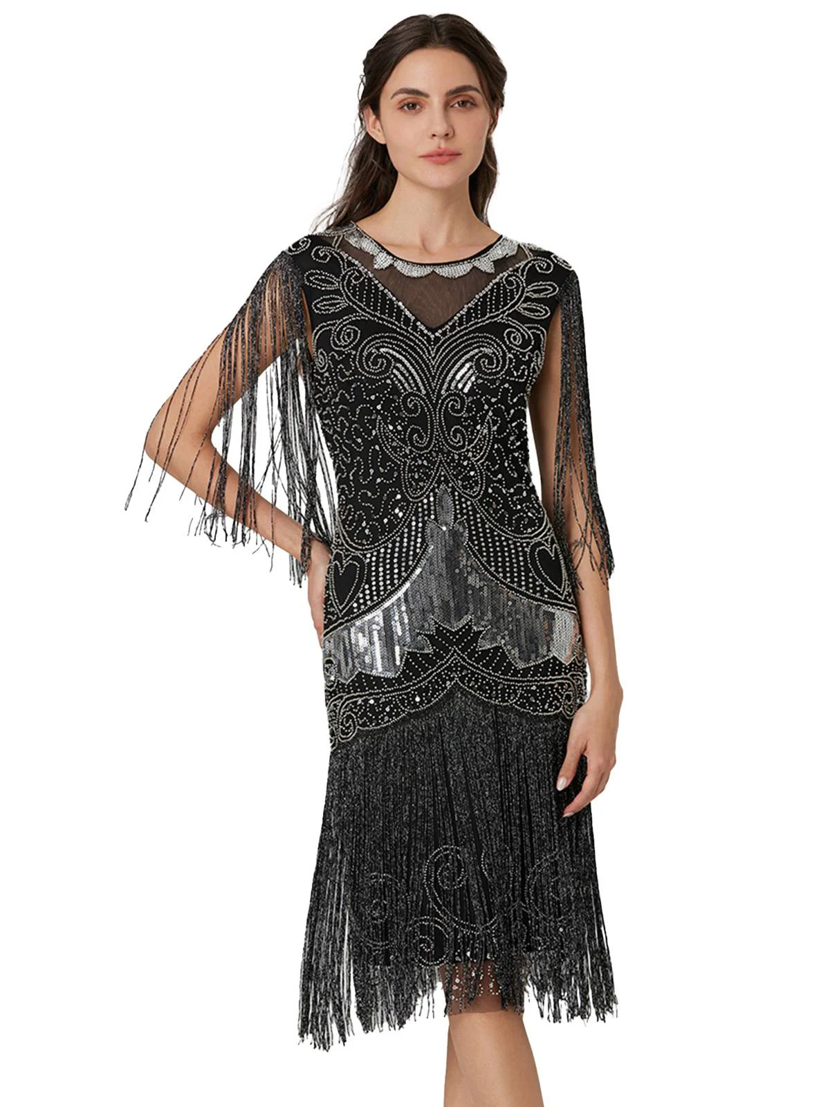 Silber 1920er Pailletten Quaste Netz Patchwork Kleid