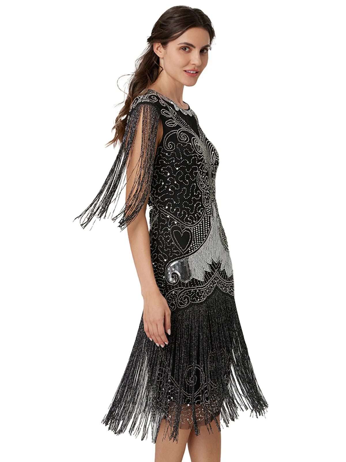 Silber 1920er Pailletten Quaste Netz Patchwork Kleid - Image 2
