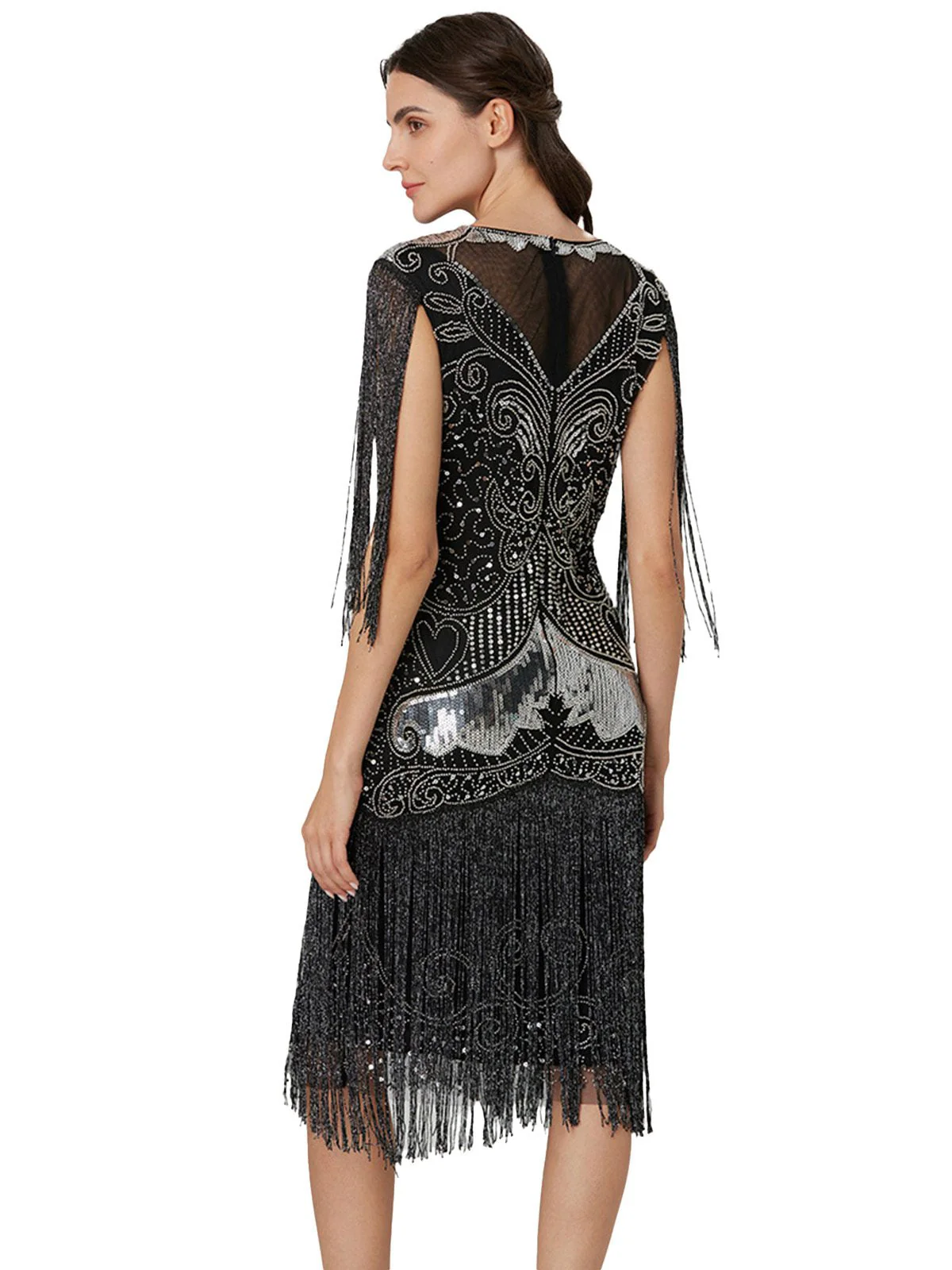 Silber 1920er Pailletten Quaste Netz Patchwork Kleid - Image 3