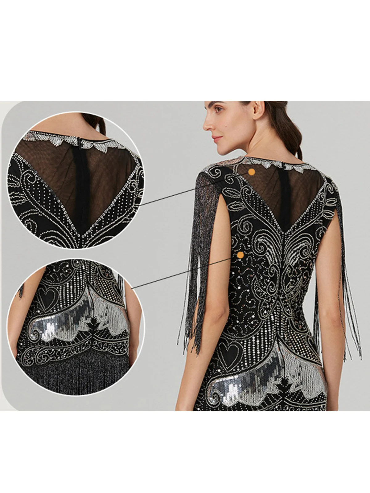 Silber 1920er Pailletten Quaste Netz Patchwork Kleid - Image 4
