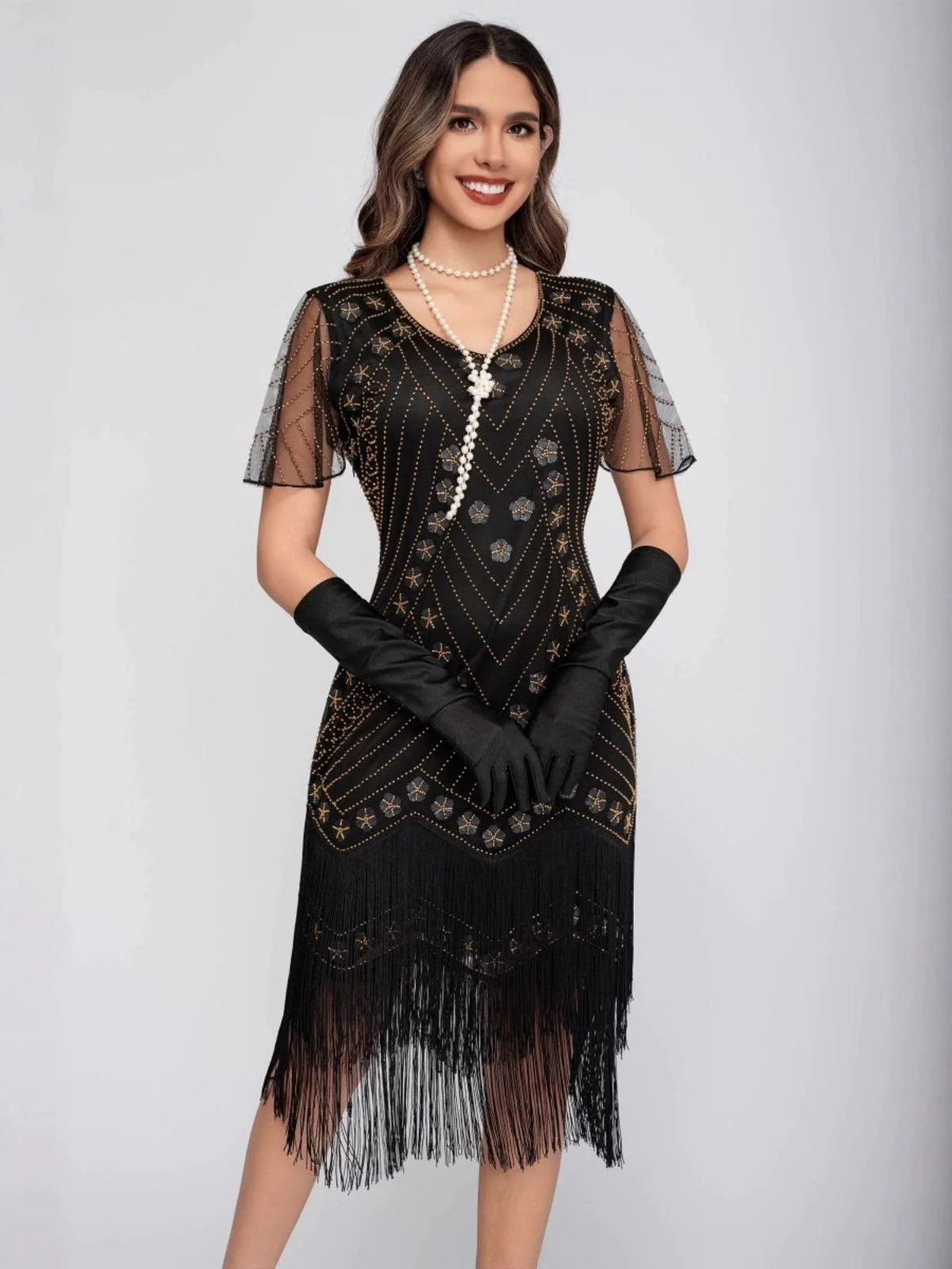 Gold 1920er Pailletten Quaste Perlenstickerei Flügelärmel Kleid - Image 2