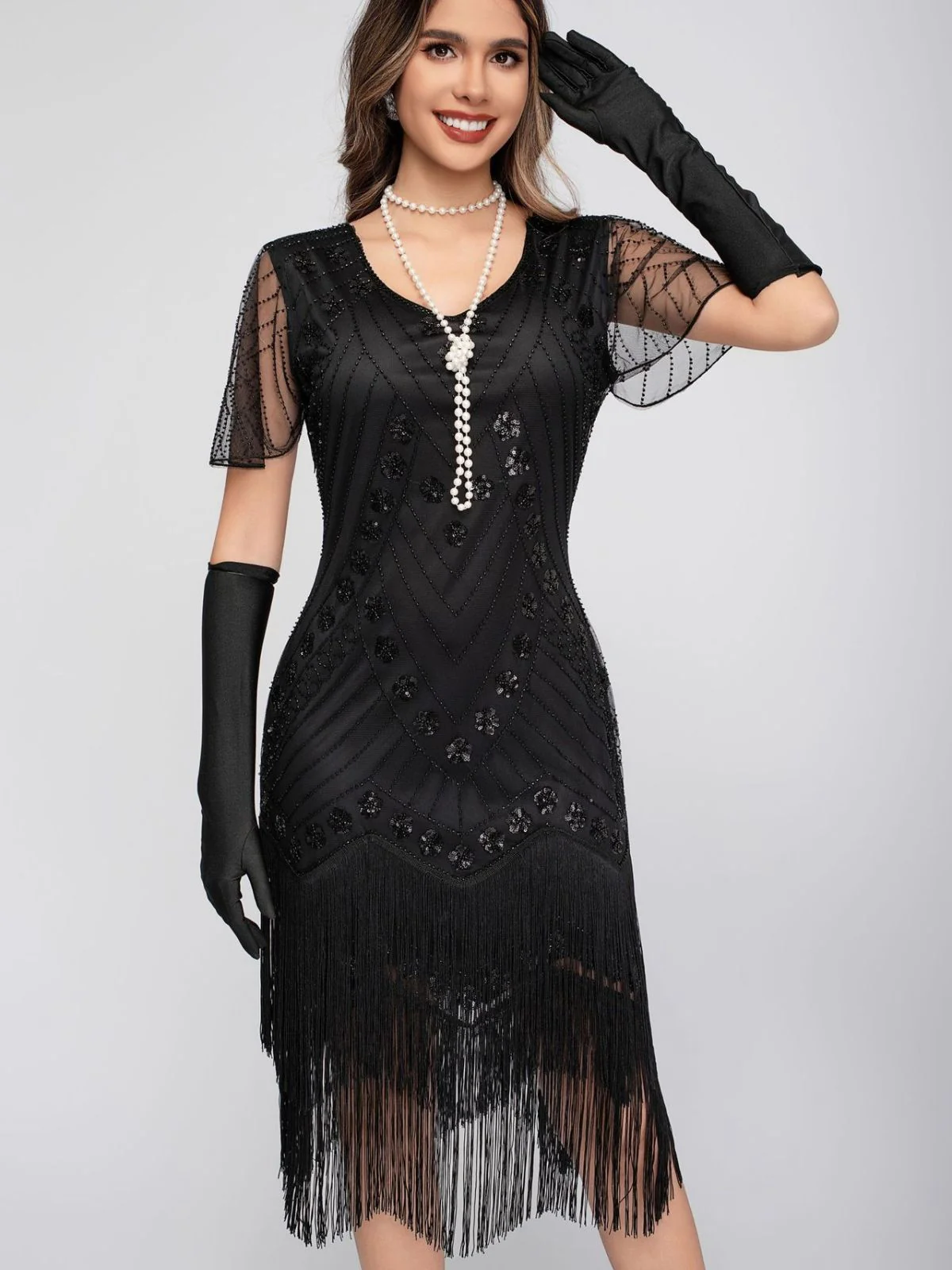 Gold 1920er Pailletten Quaste Perlenstickerei Flügelärmel Kleid - Image 3