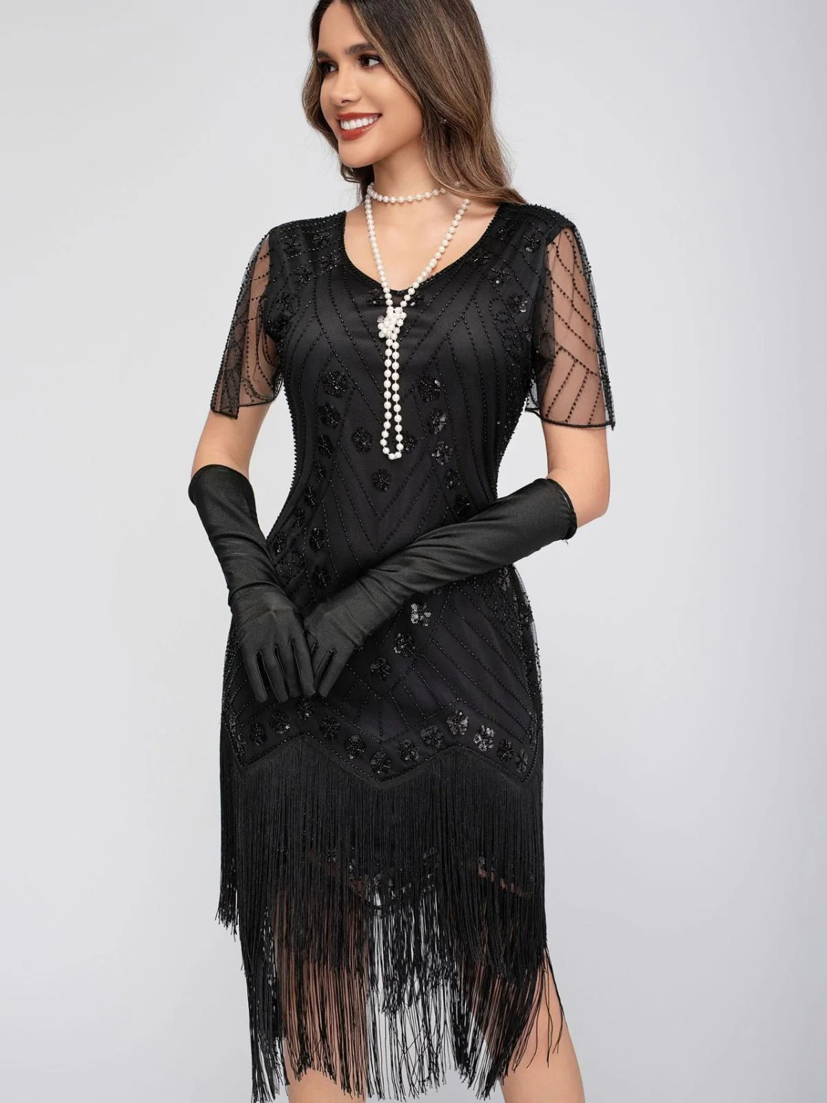 Gold 1920er Pailletten Quaste Perlenstickerei Flügelärmel Kleid - Image 4