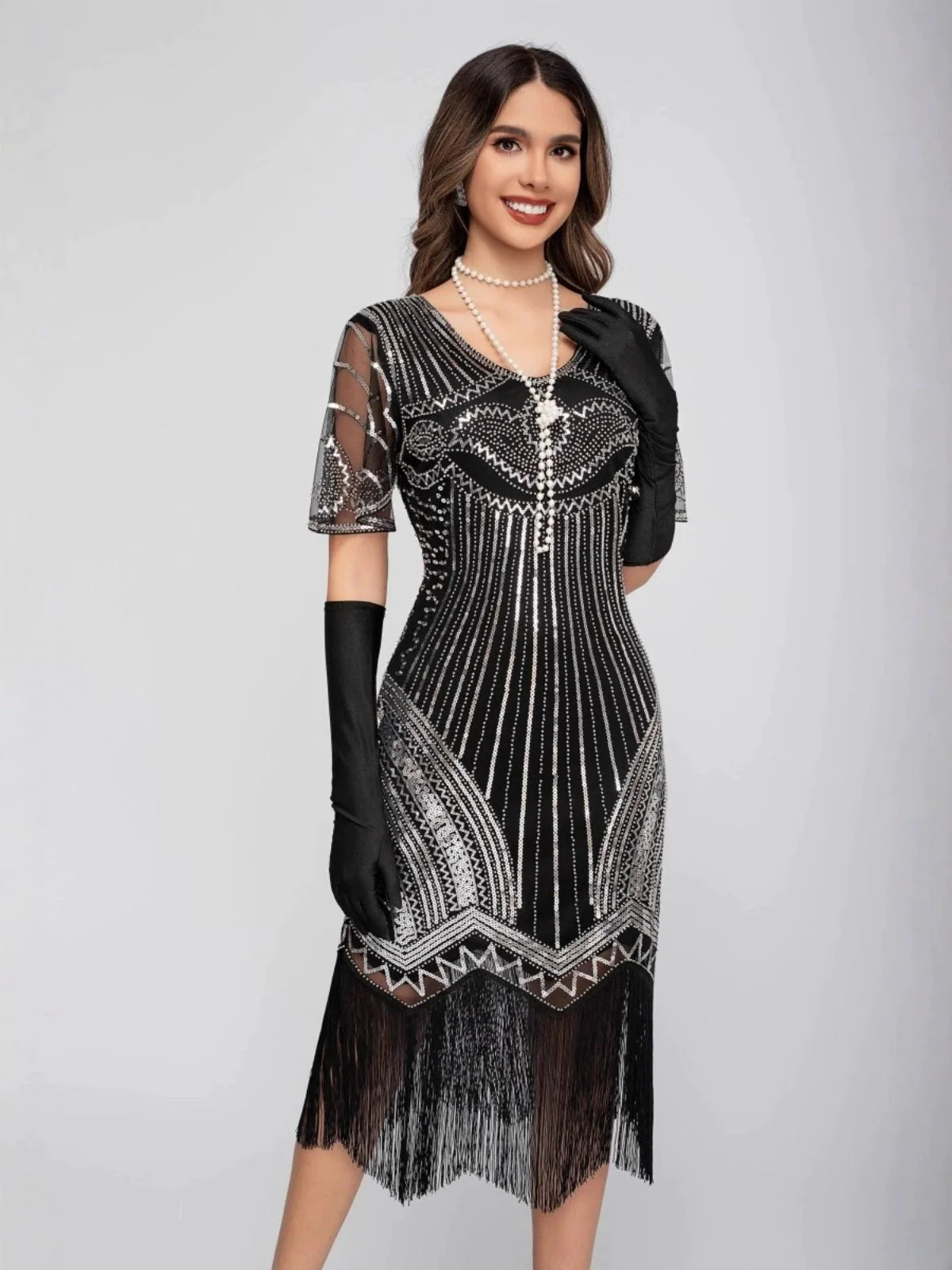 Schwarz 1920er Rundhalsausschnitt Pailletten Tassels Charleston Kleid - Image 10