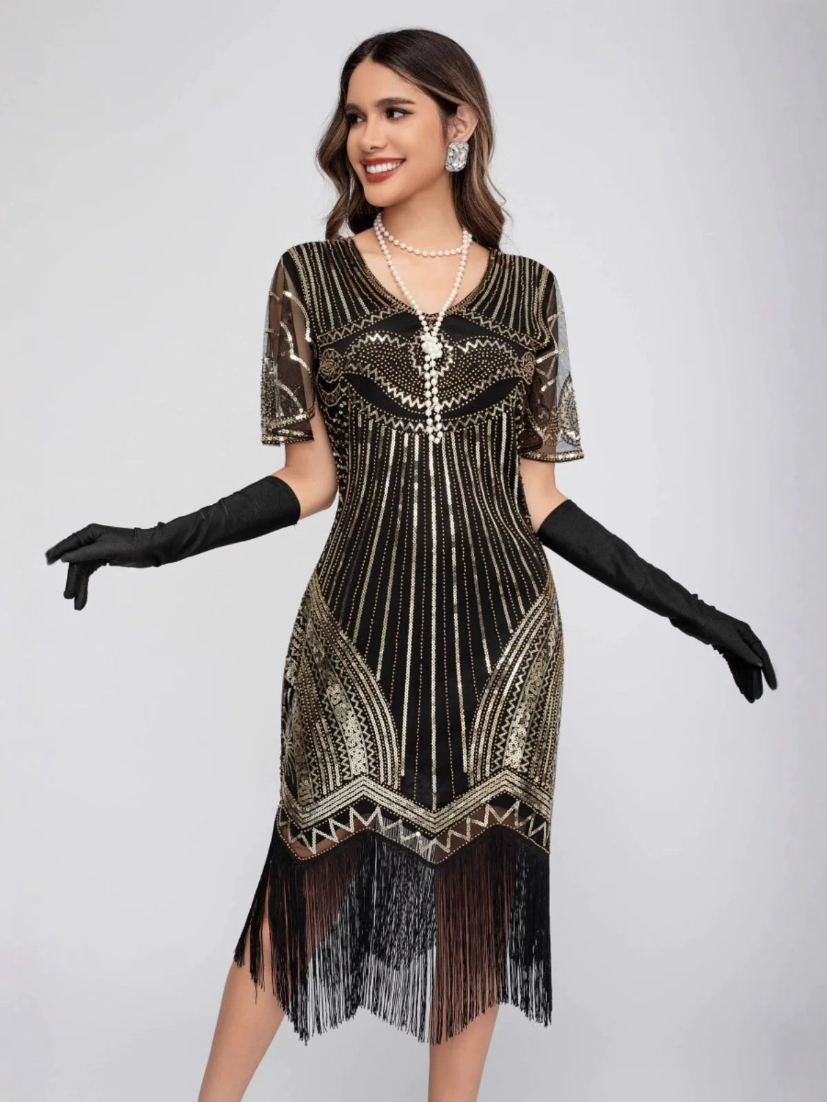 Schwarz 1920er Rundhalsausschnitt Pailletten Tassels Charleston Kleid - Image 7