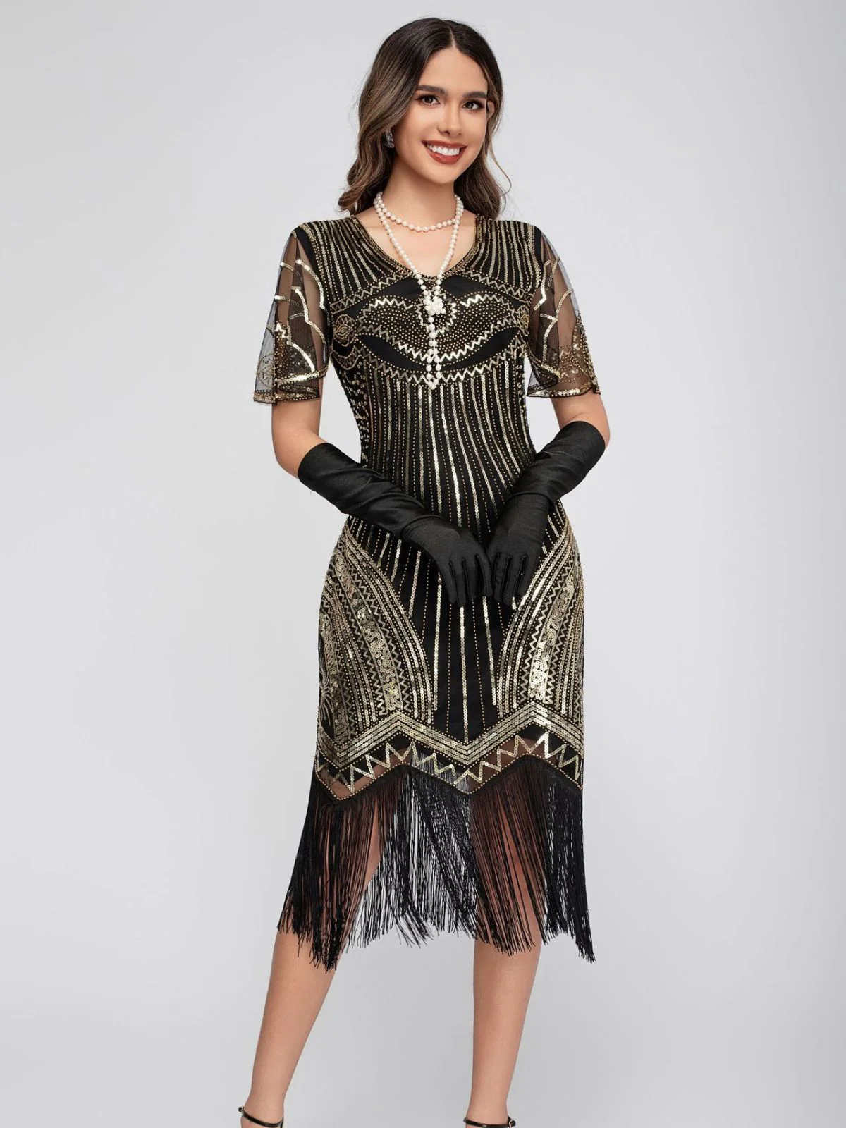 Schwarz 1920er Rundhalsausschnitt Pailletten Tassels Charleston Kleid - Image 8