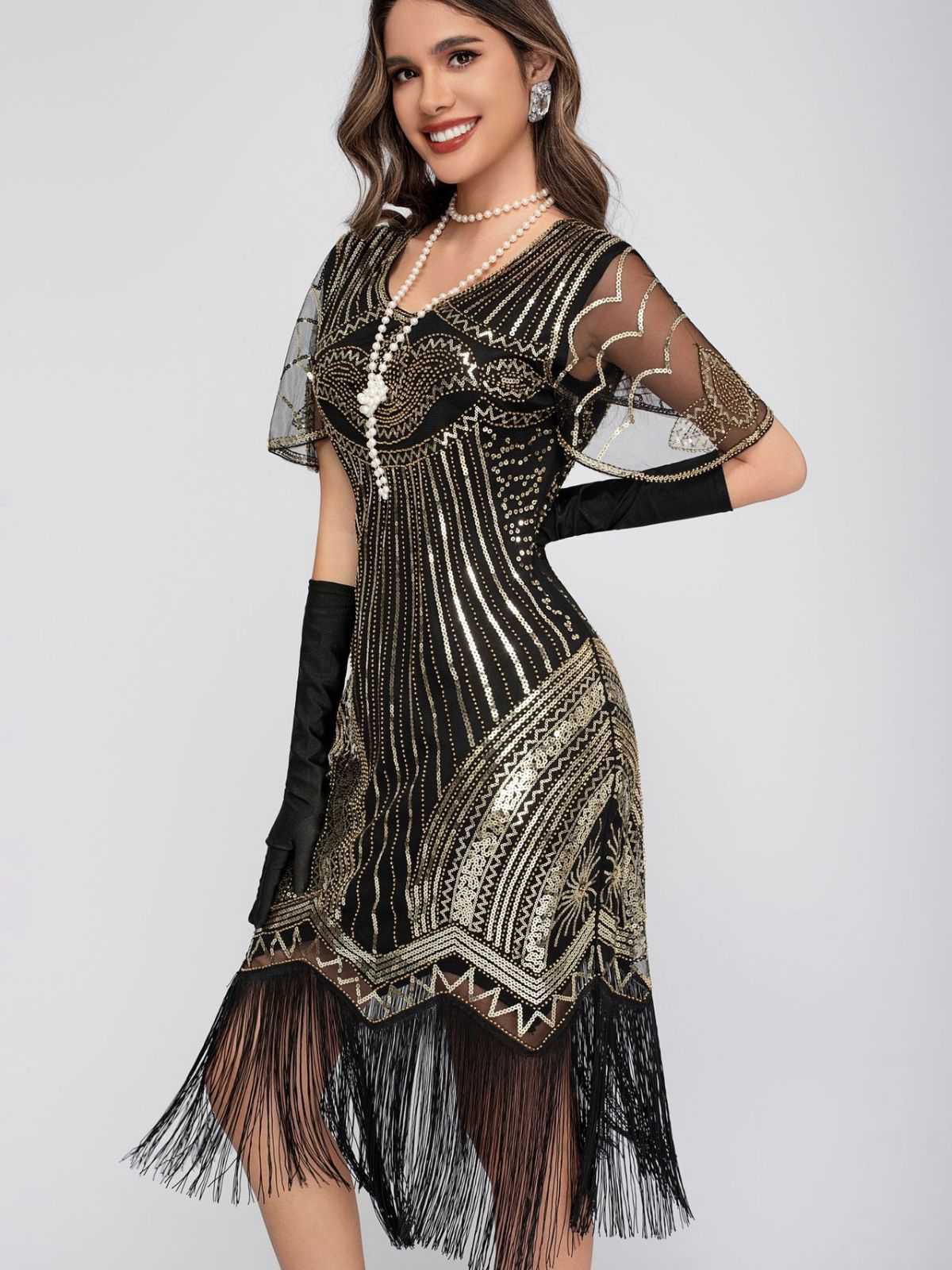 Schwarz 1920er Rundhalsausschnitt Pailletten Tassels Charleston Kleid - Image 9