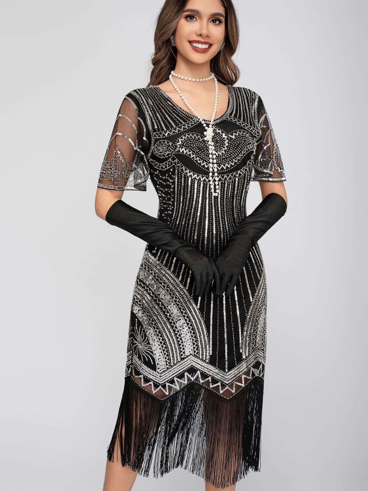 Schwarz 1920er Rundhalsausschnitt Pailletten Tassels Charleston Kleid - Image 12