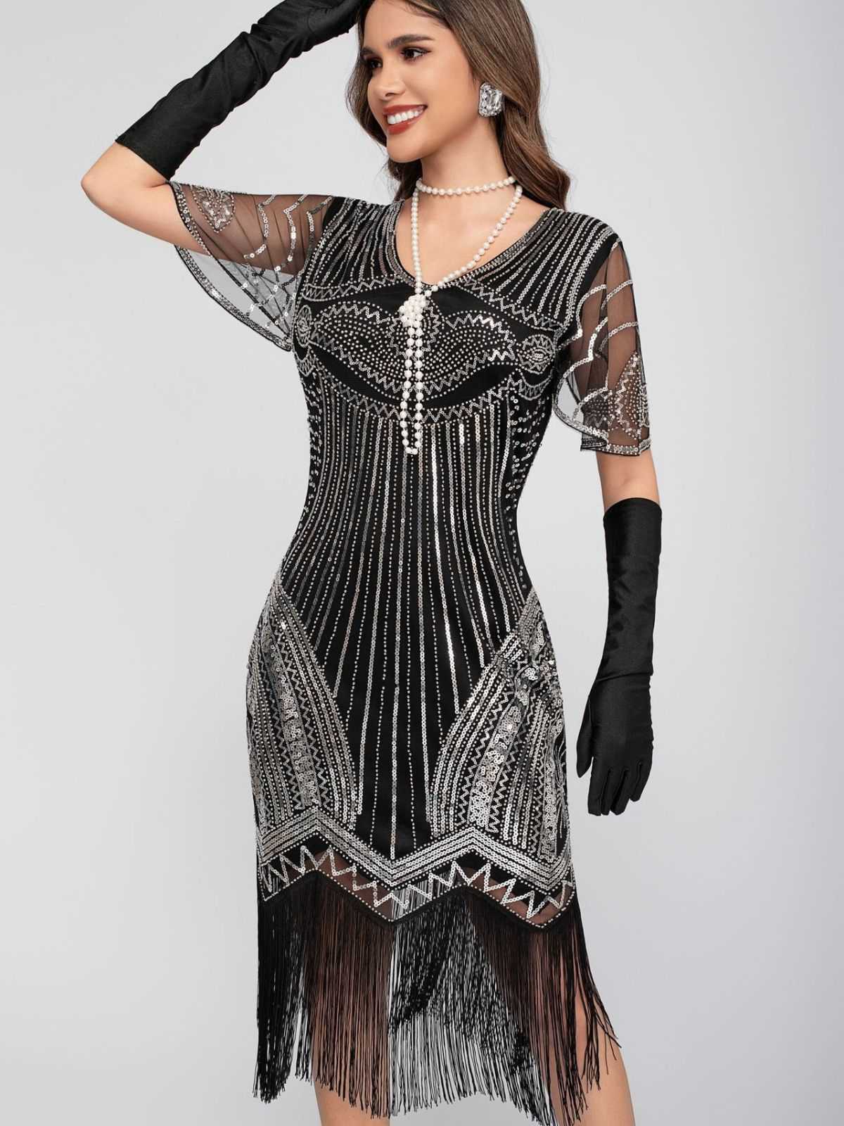 Schwarz 1920er Rundhalsausschnitt Pailletten Tassels Charleston Kleid - Image 11