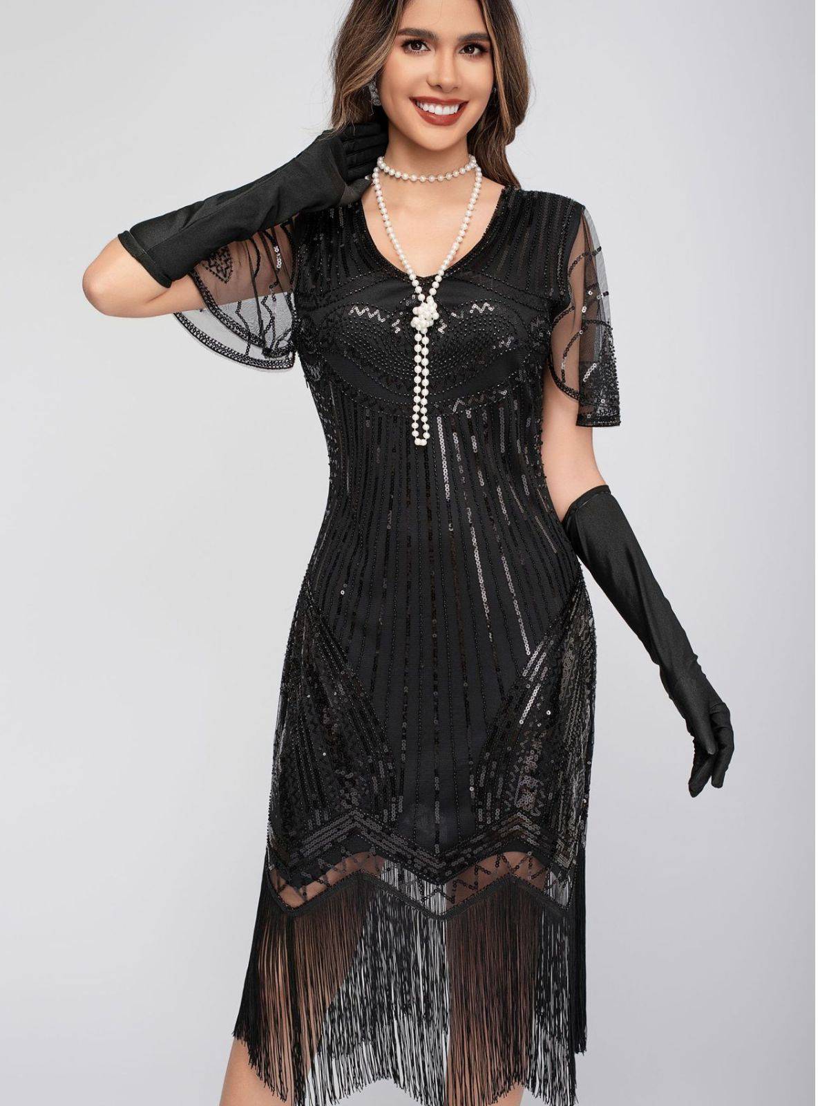 Schwarz 1920er Rundhalsausschnitt Pailletten Tassels Charleston Kleid - Image 2