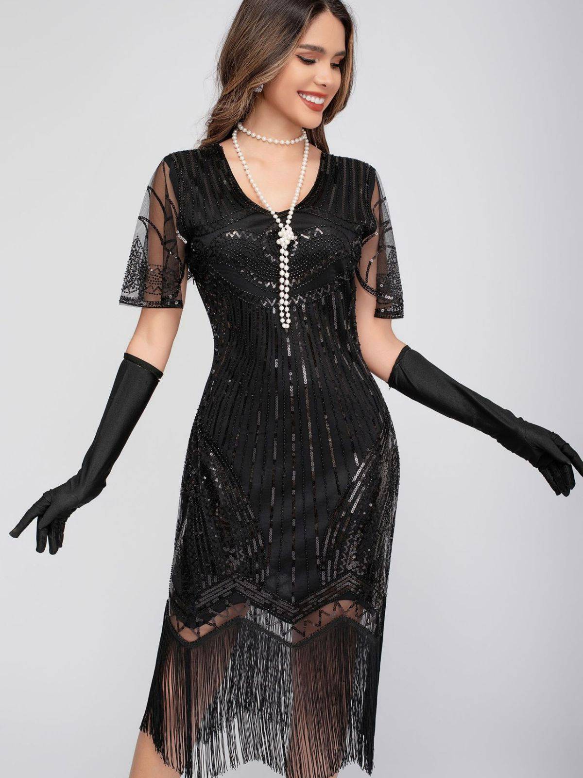 Schwarz 1920er Rundhalsausschnitt Pailletten Tassels Charleston Kleid - Image 3
