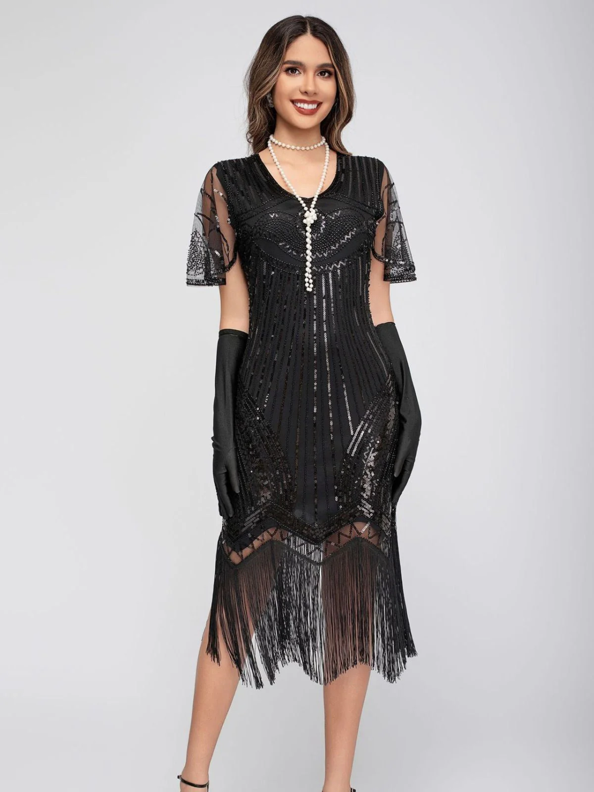 Schwarz 1920er Rundhalsausschnitt Pailletten Tassels Charleston Kleid - Image 4