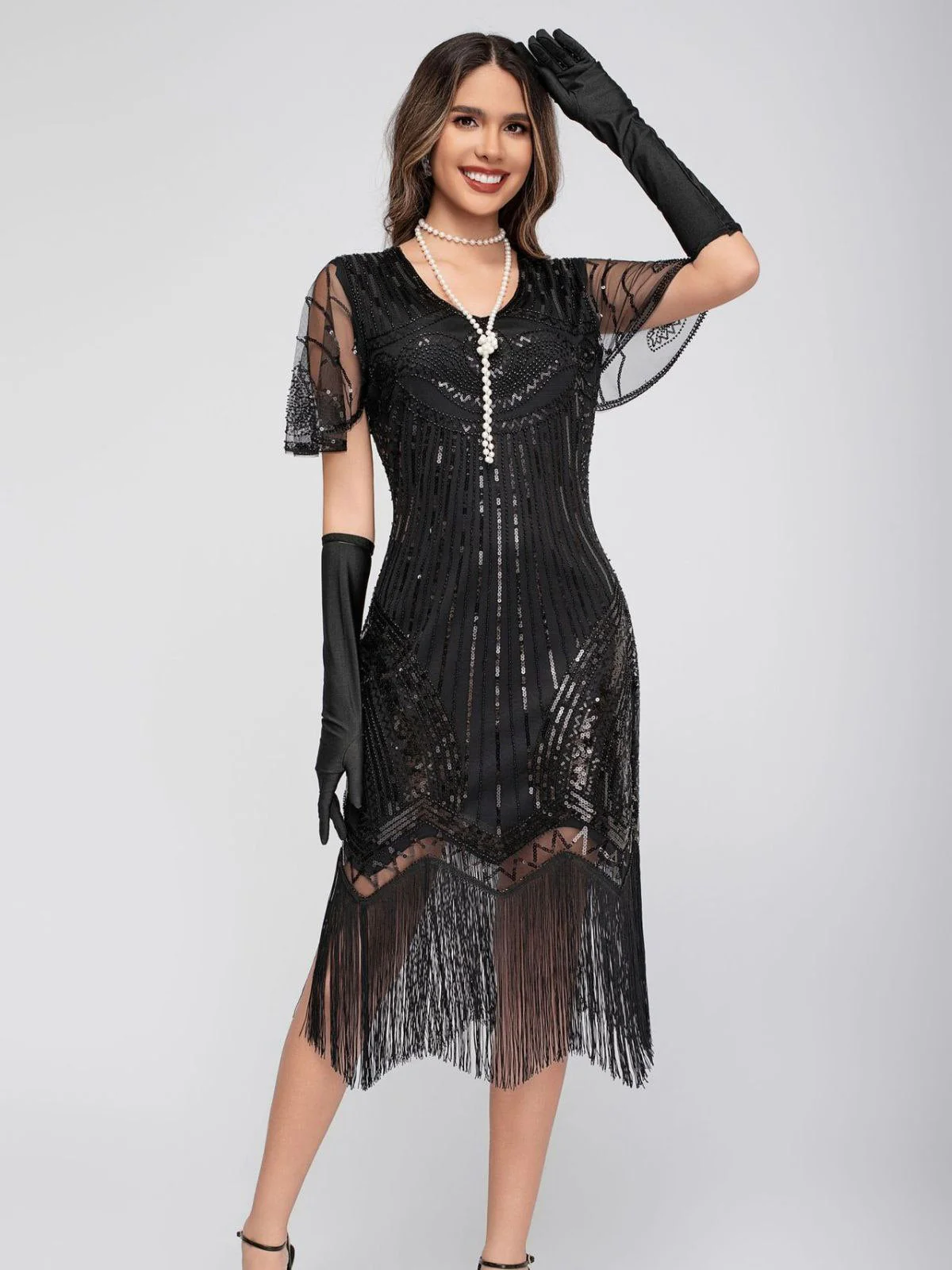 Schwarz 1920er Rundhalsausschnitt Pailletten Tassels Charleston Kleid - Image 5