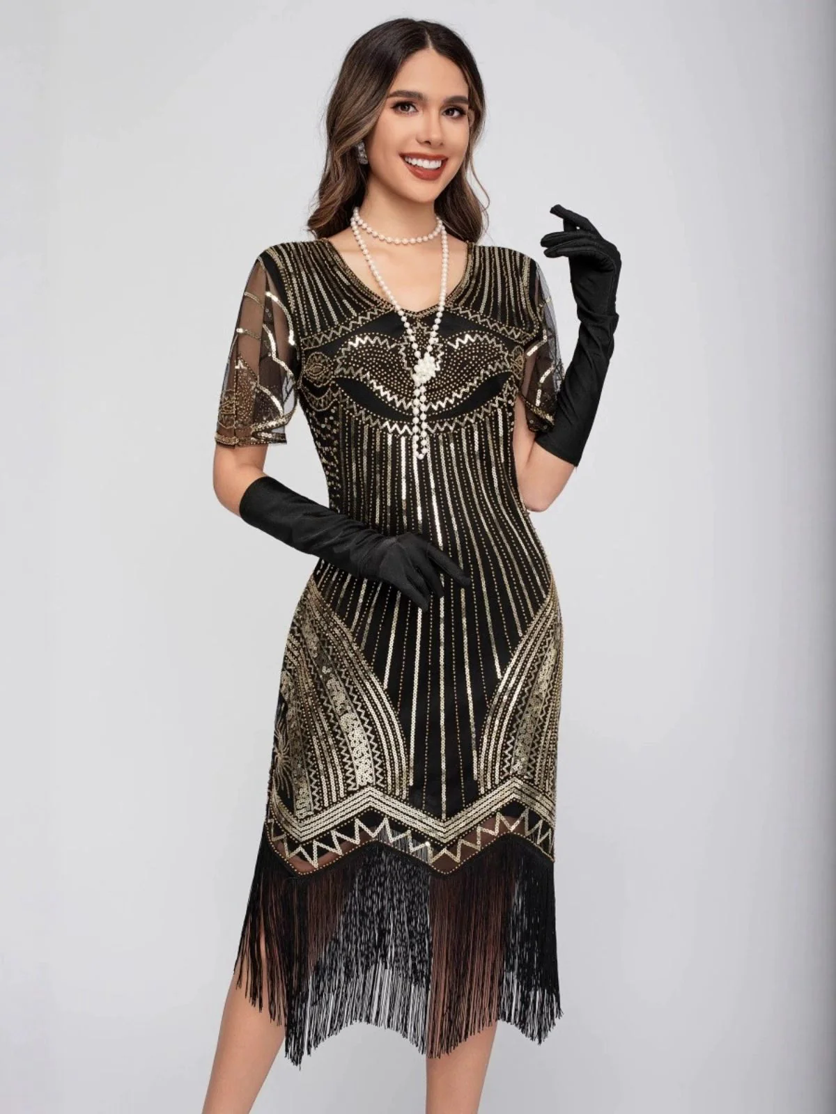 Schwarz 1920er Rundhalsausschnitt Pailletten Tassels Charleston Kleid - Image 6
