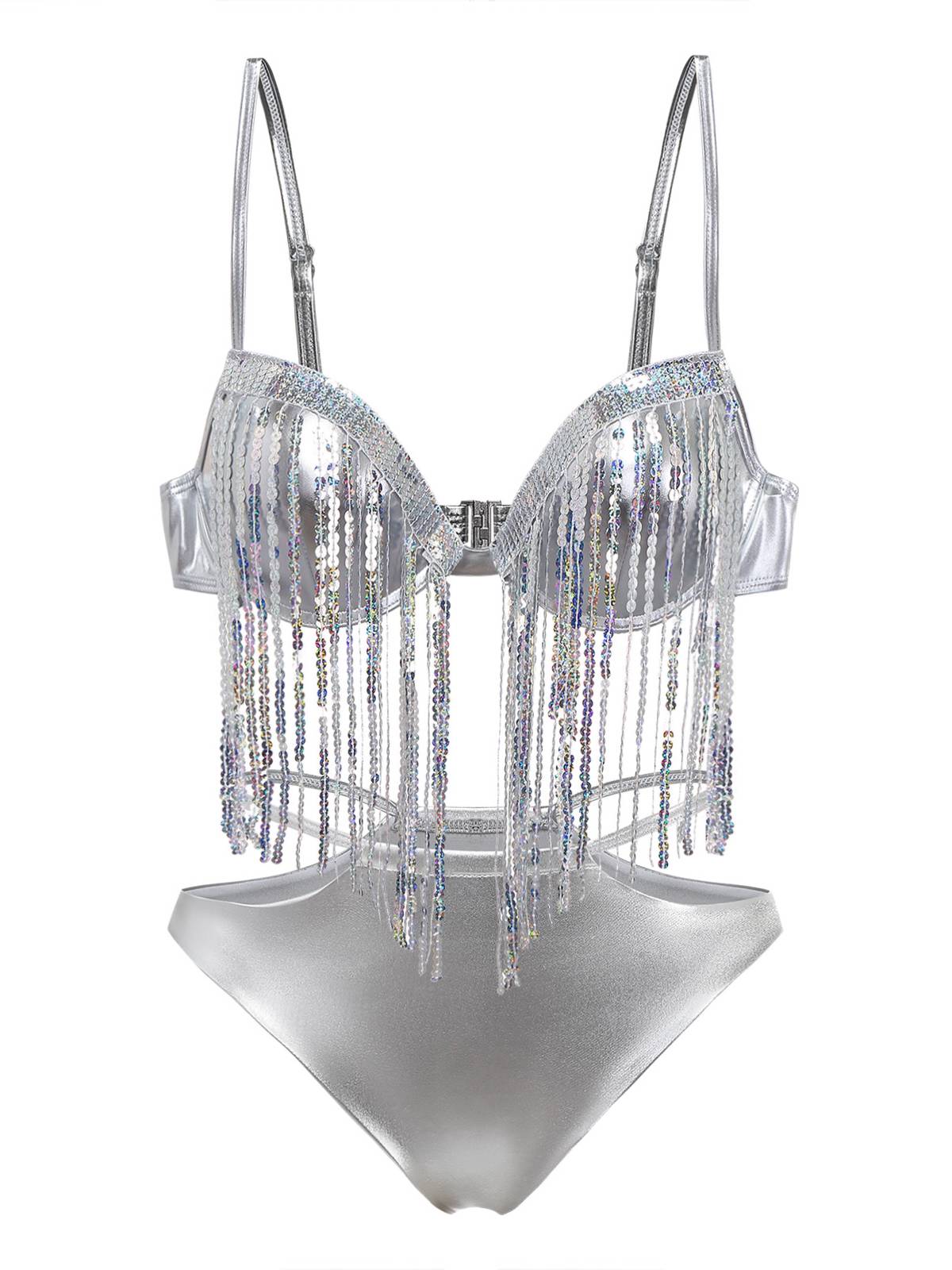Silber 1970er Holographisch Pailletten Fransen Bikini Set - Image 2