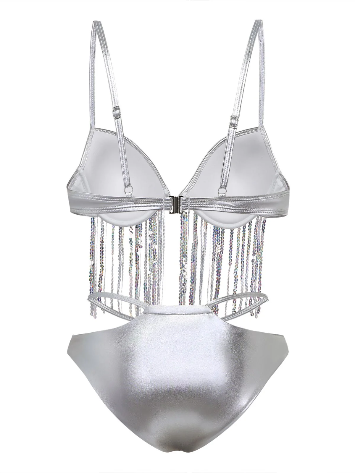 Silber 1970er Holographisch Pailletten Fransen Bikini Set - Image 3