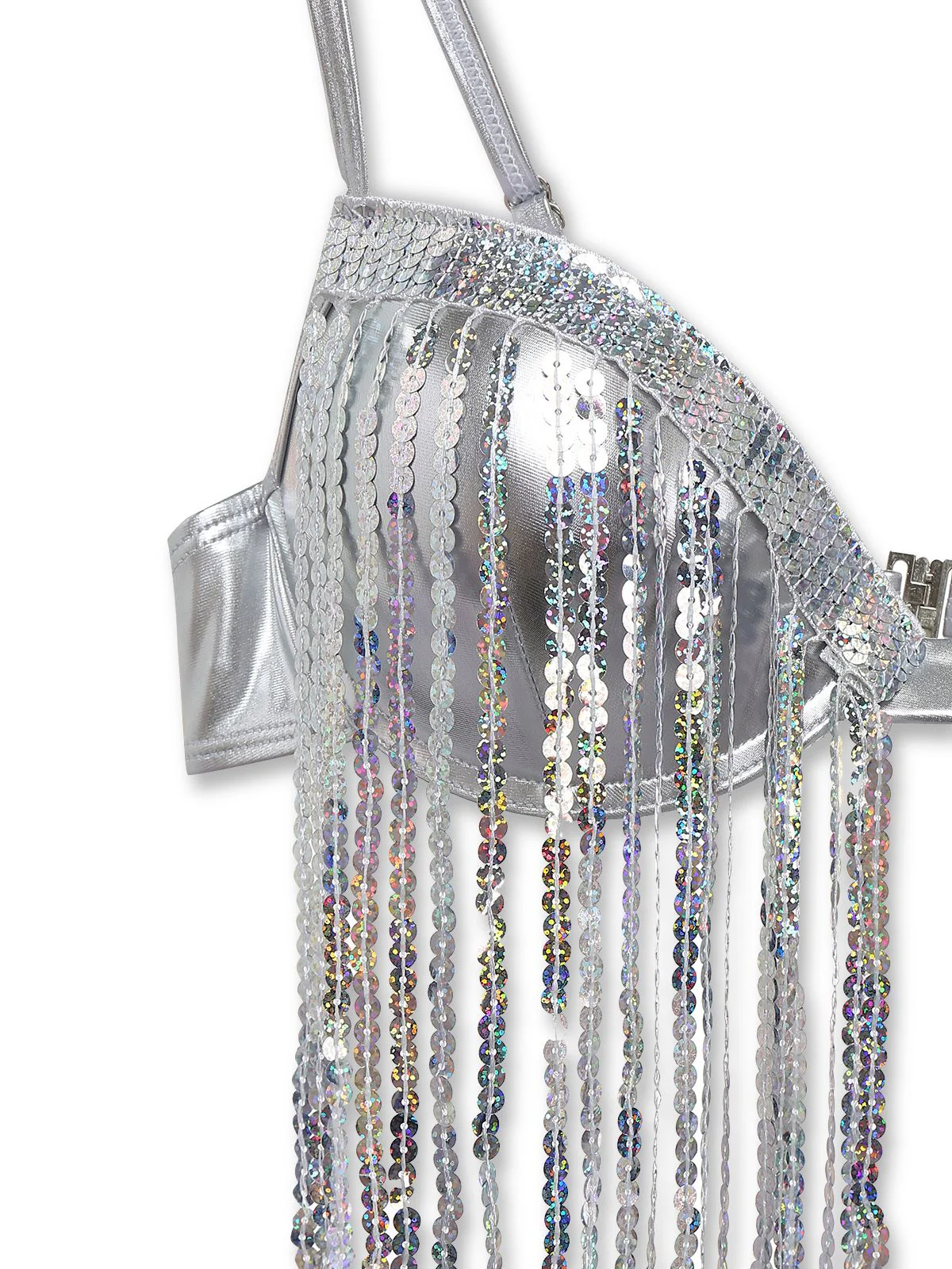 Silber 1970er Holographisch Pailletten Fransen Bikini Set - Image 4