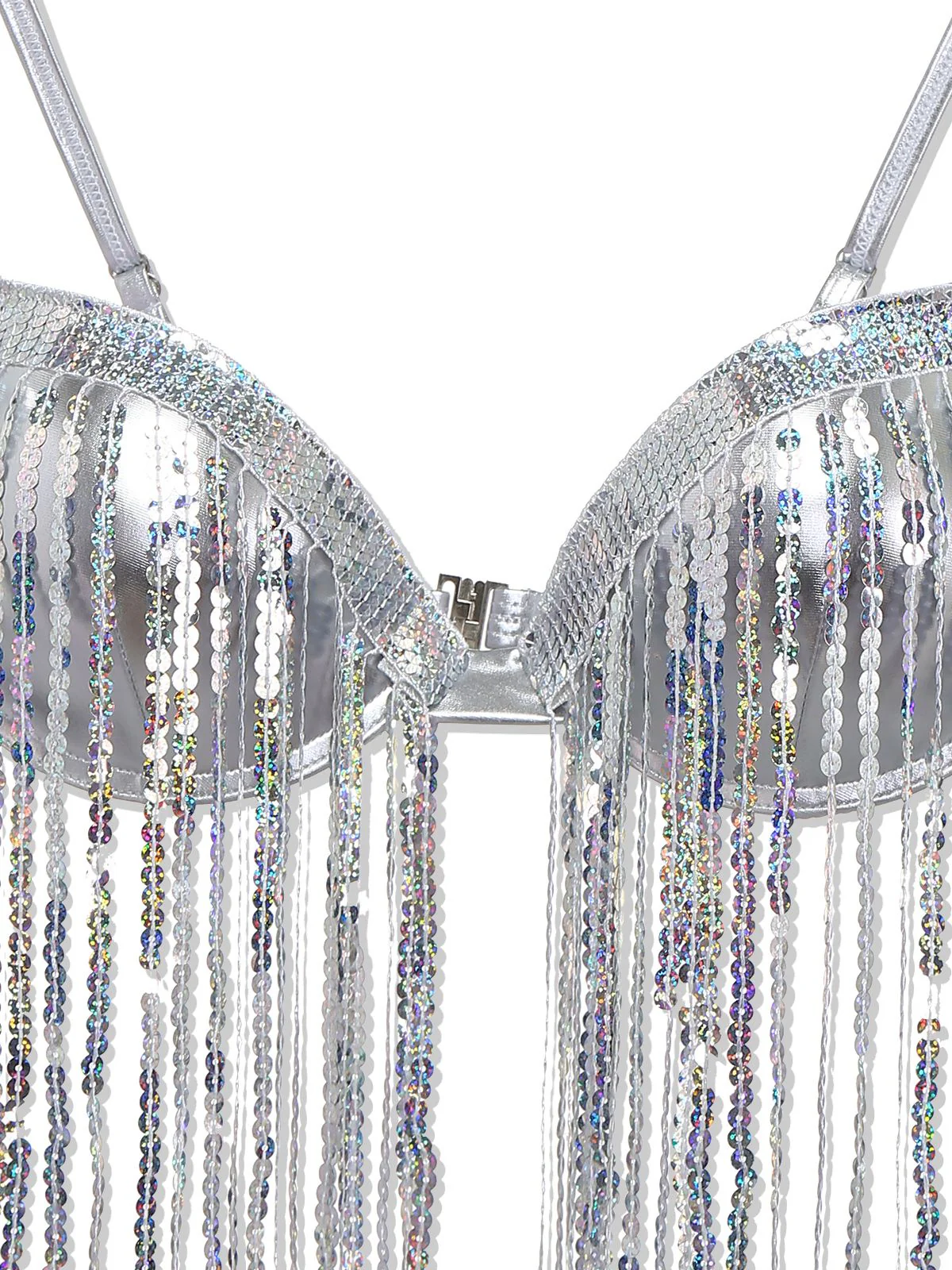 Silber 1970er Holographisch Pailletten Fransen Bikini Set - Image 5