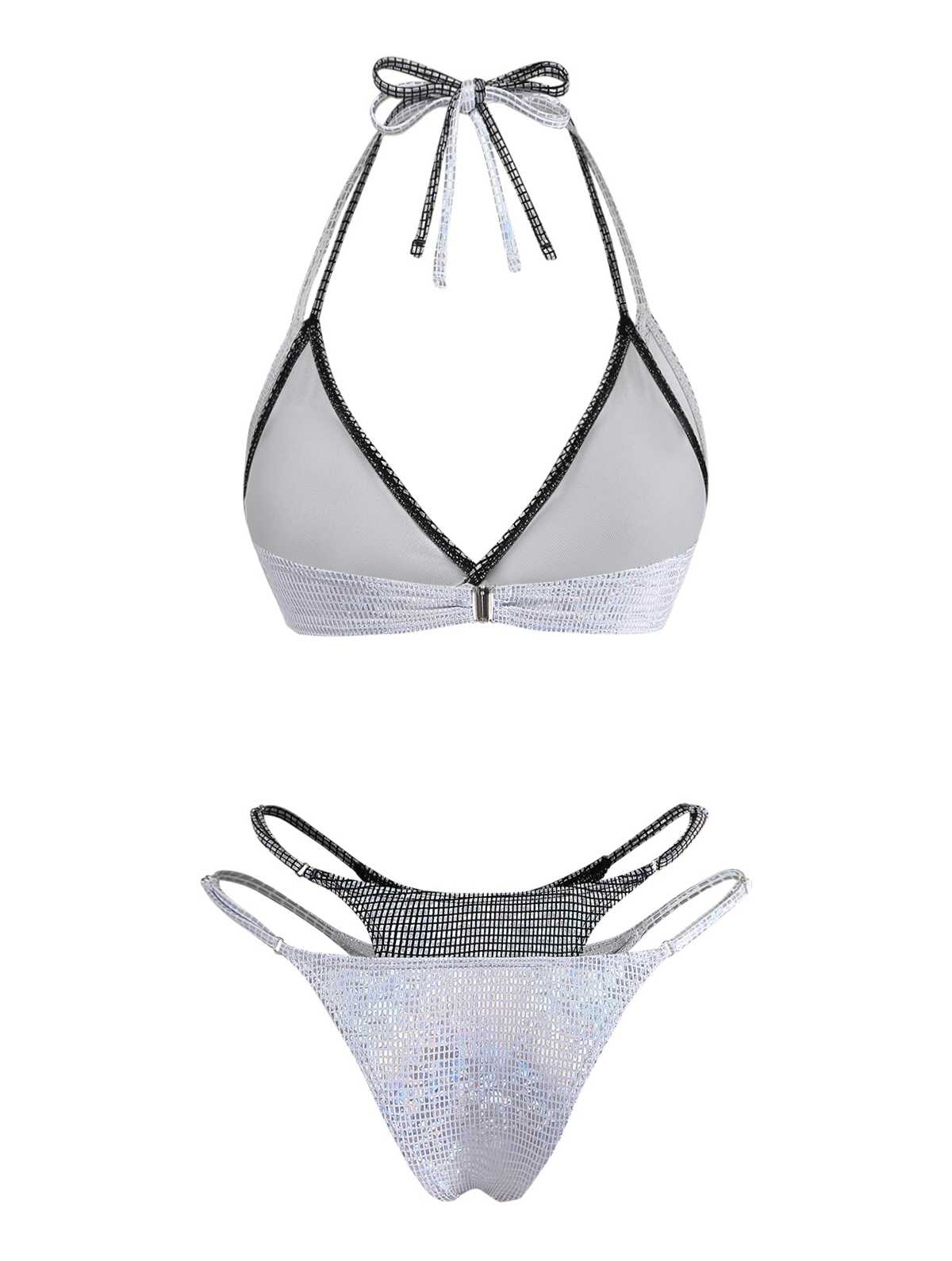 Silber 1980er Halter Schimmernd Optik Zweiteilig Bikini Set - Image 2
