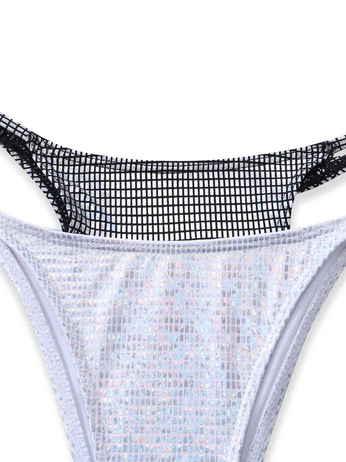 Silber 1980er Halter Schimmernd Optik Zweiteilig Bikini Set - Image 5