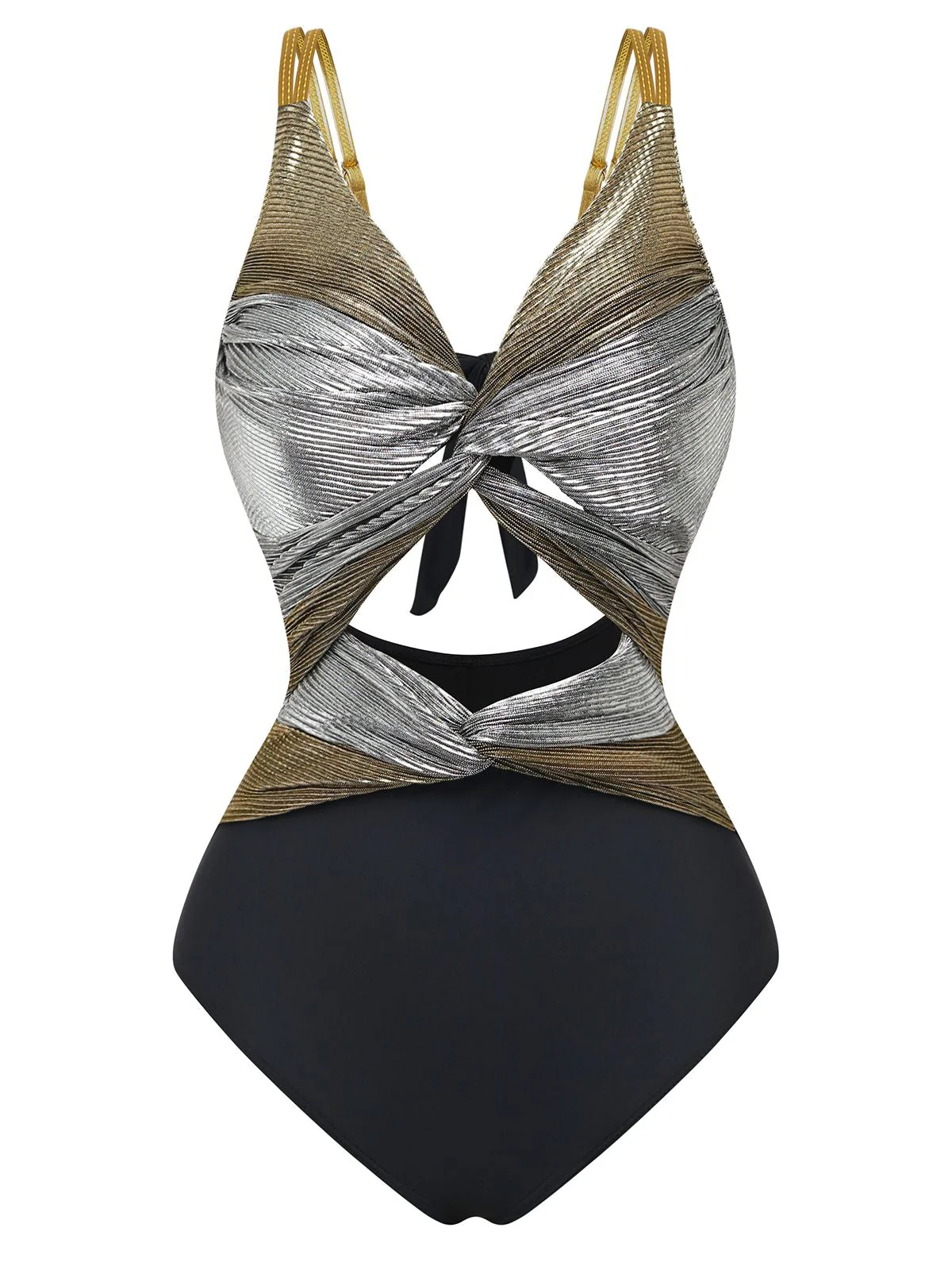 Silber 2PCS Metallic 1980er Plissiertes Cut-Out Badeanzug & Cover-Up - Image 5