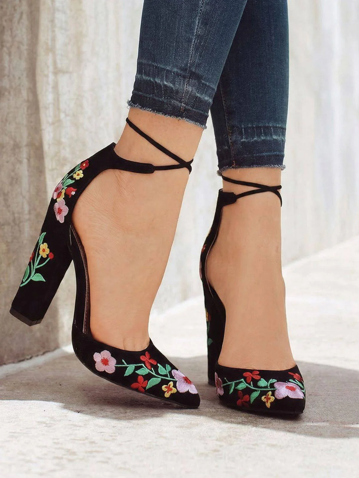 Spitz Bestickt Wildleder Blockabsatz Schuhe