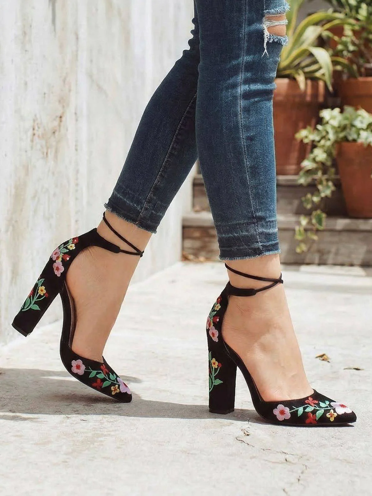 Spitz Bestickt Wildleder Blockabsatz Schuhe - Image 3