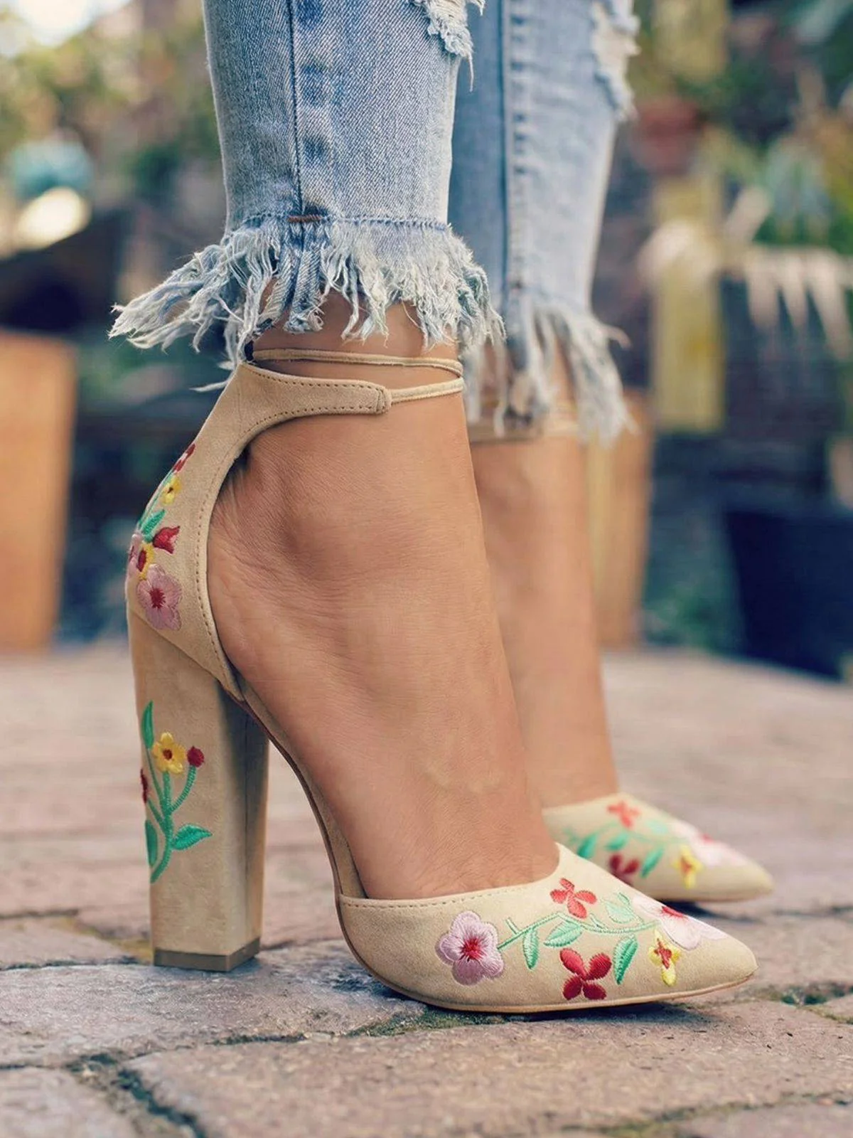 Spitz Bestickt Wildleder Blockabsatz Schuhe - Image 4
