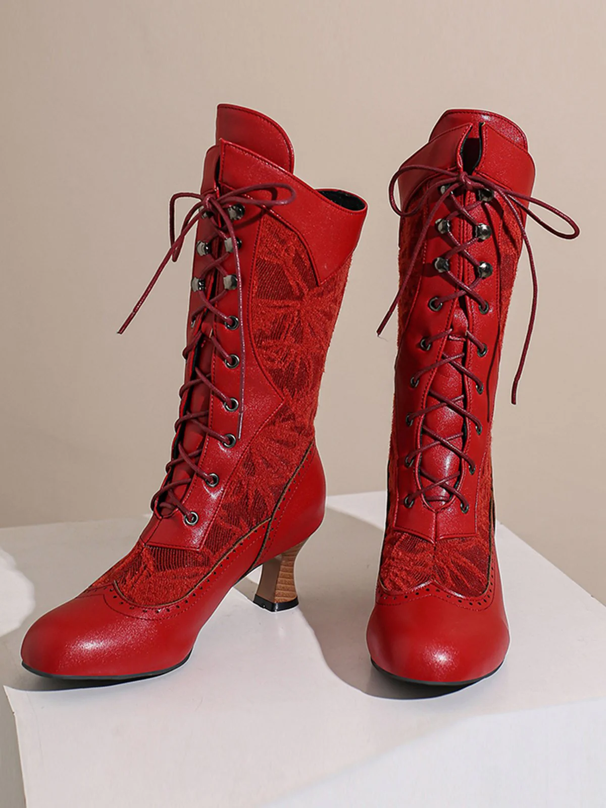 Spitze Patchwork Schnürung Wadenhohe Stiefel - Image 17