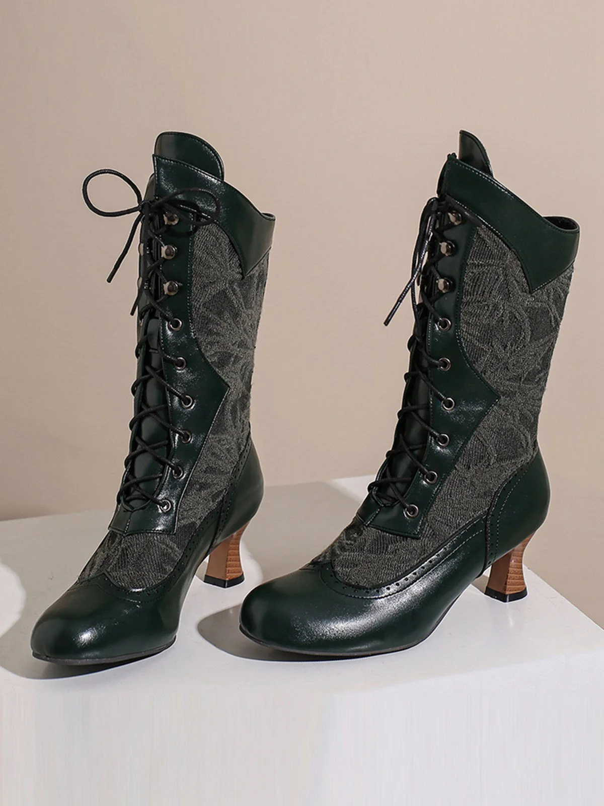 Spitze Patchwork Schnürung Wadenhohe Stiefel - Image 21