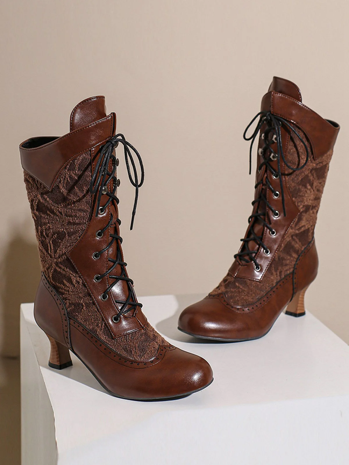 Spitze Patchwork Schnürung Wadenhohe Stiefel - Image 9