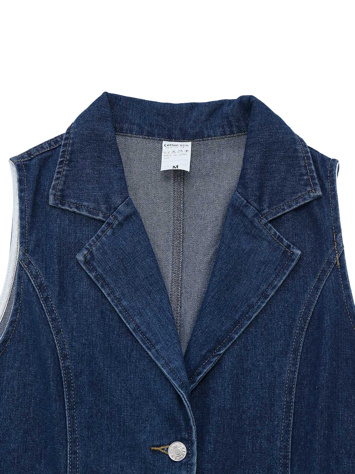 Tiefblau 1970er Denim Revers Ärmellos Taste Kleid - Image 3