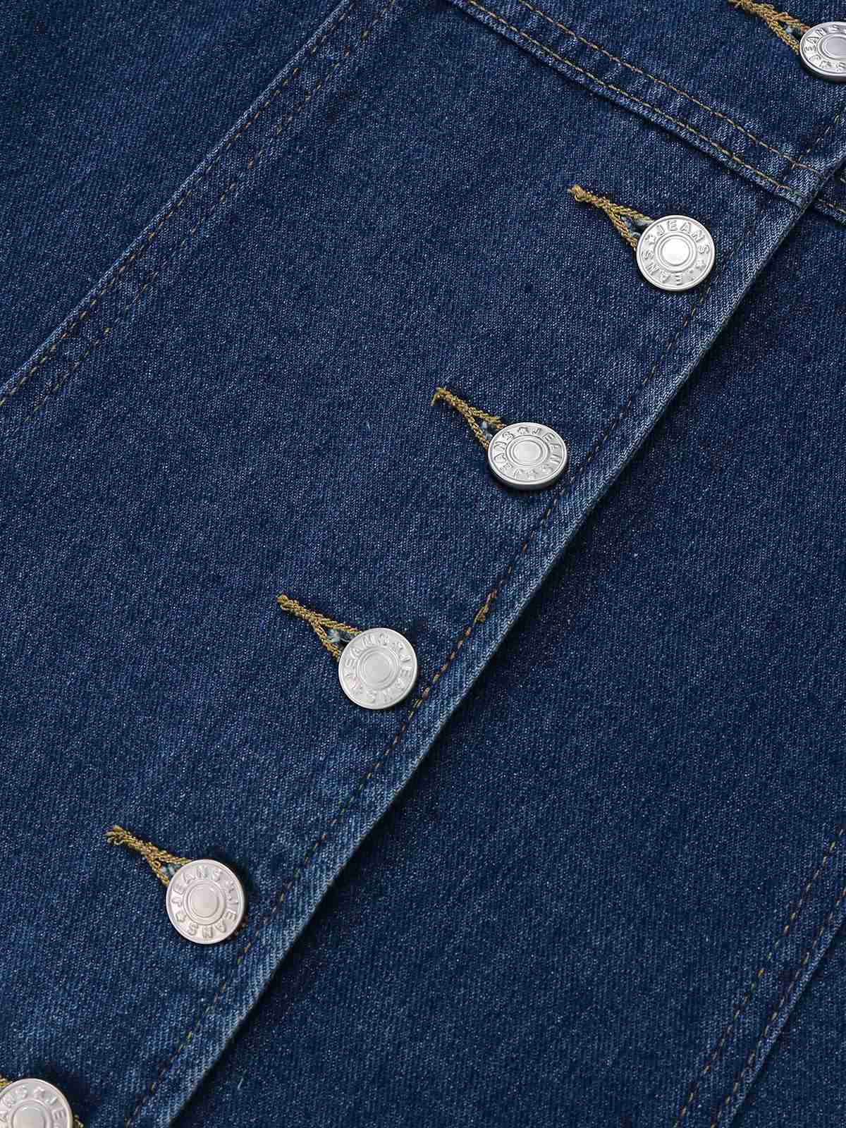 Tiefblau 1970er Denim Revers Ärmellos Taste Kleid - Image 4