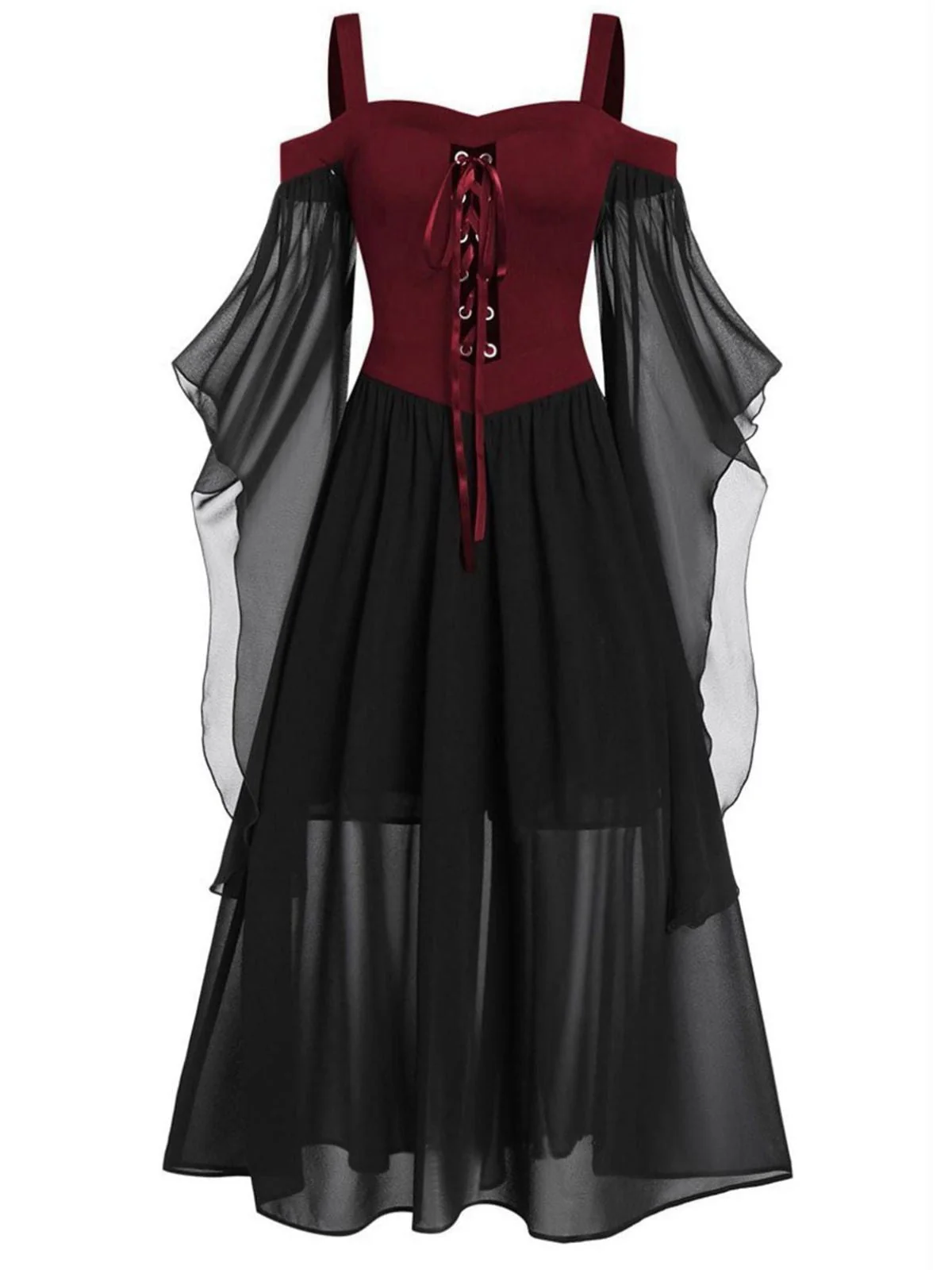 Schwarz 1950er Halloween Gothic Hexe Transparentes Ärmel Träger Kleid - Image 5