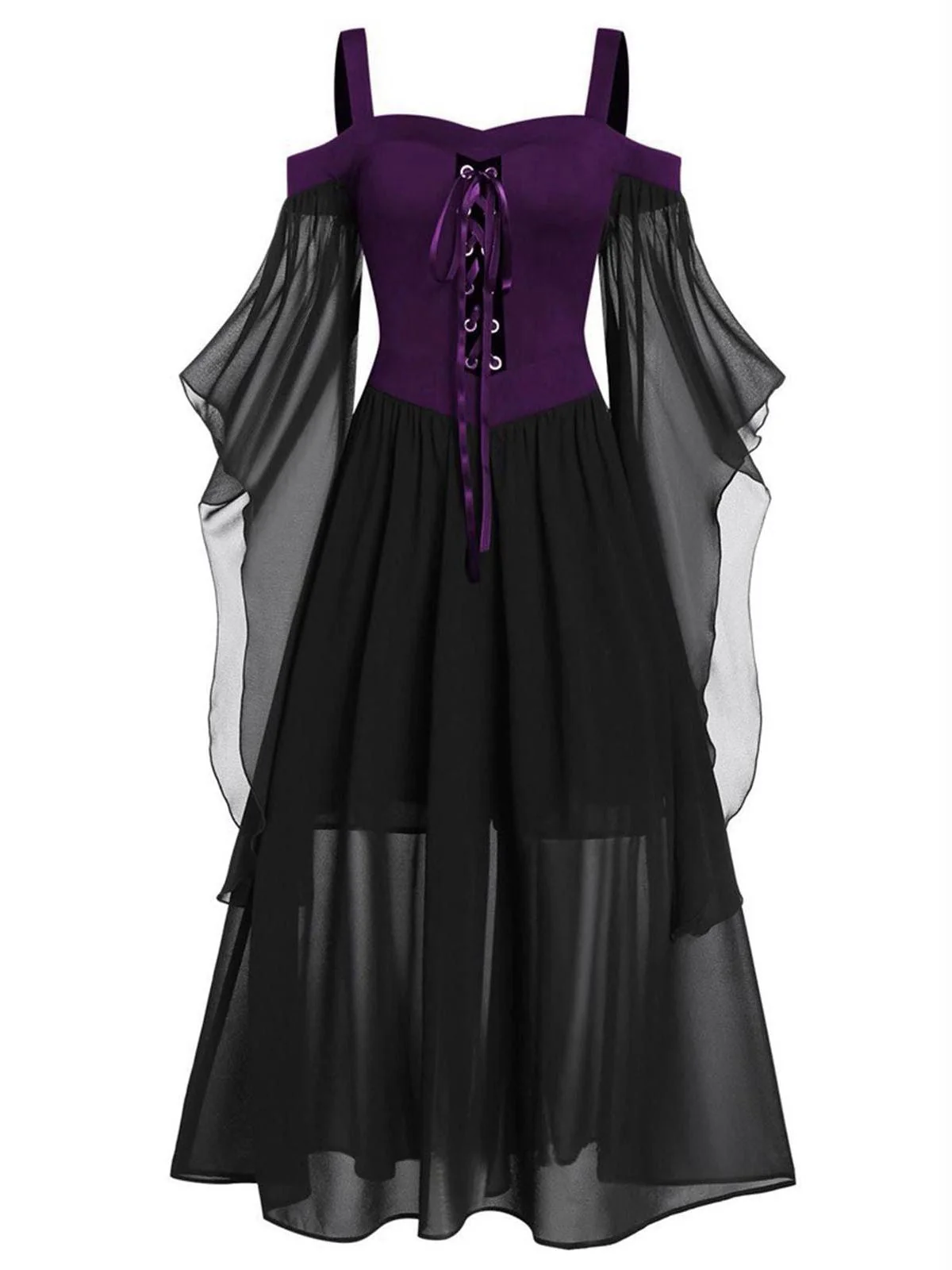 Schwarz 1950er Halloween Gothic Hexe Transparentes Ärmel Träger Kleid - Image 8