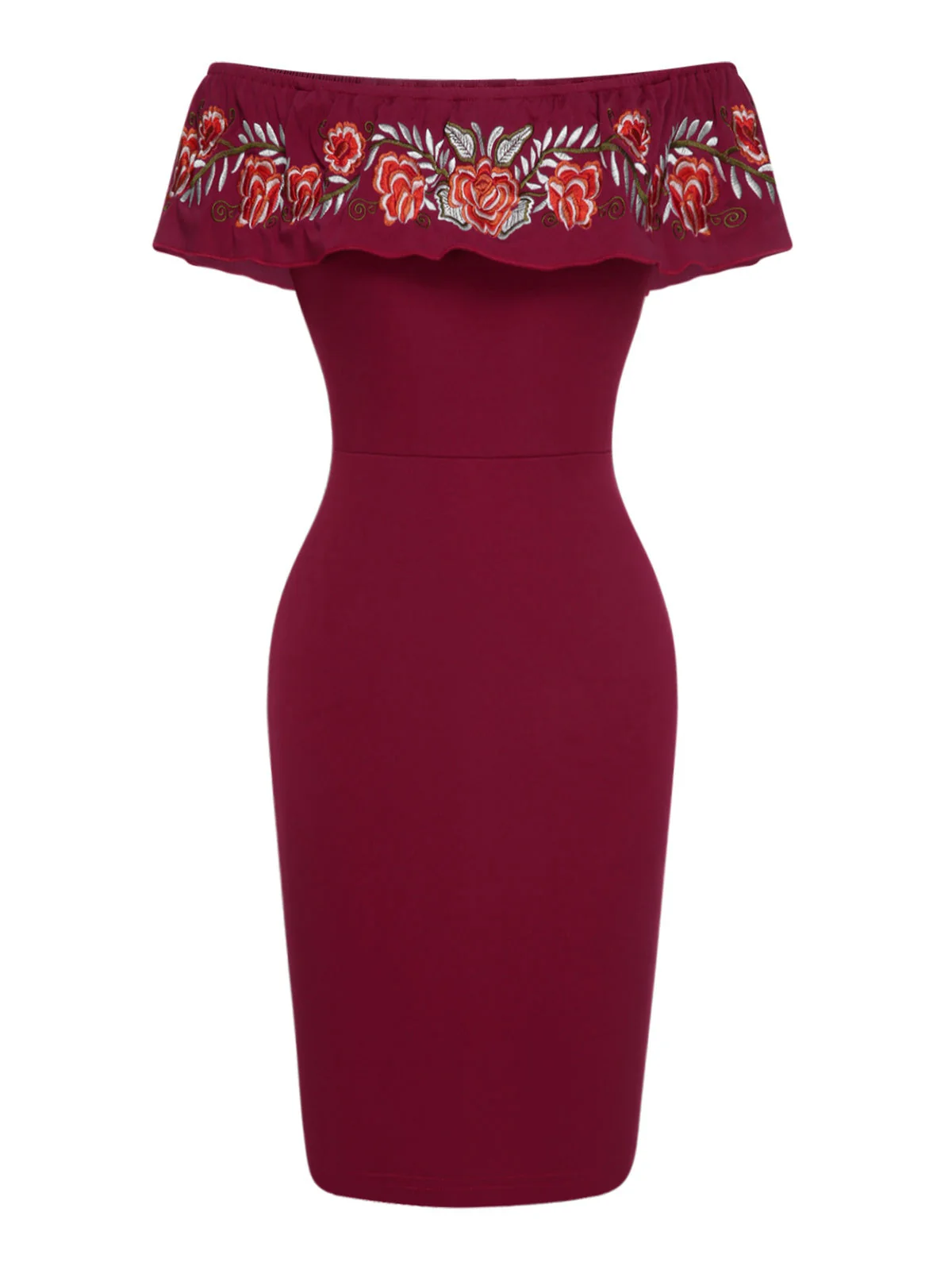 Tiefrot 1960er Schulterfrei Stickerei Kleid